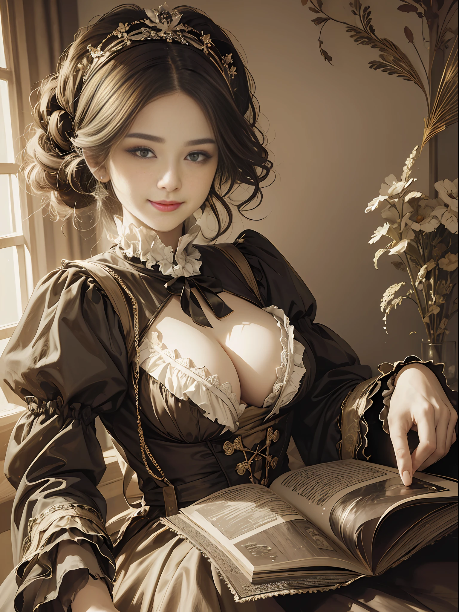 (Pure Color: 0.9), (Color: 1.1), (Masterpiece: 1,2), Top Quality, Masterpiece, High Resolution, Original, Highly Detailed Wallpaper, Beauty, Victorian, Dress, Melancholy, Smile, Big Breasts, Sepia Color, 30 years old --auto --s2