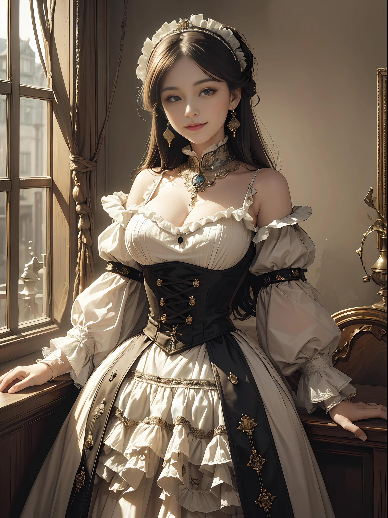 (Pure Color: 0.9), (Color: 1.1), (Masterpiece: 1,2), Top Quality, Masterpiece, High Resolution, Original, Highly Detailed Wallpaper, Beauty, Victorian, Dress, Melancholy, Smile, Big Breasts, Sepia Color, 30 years old --auto --s2