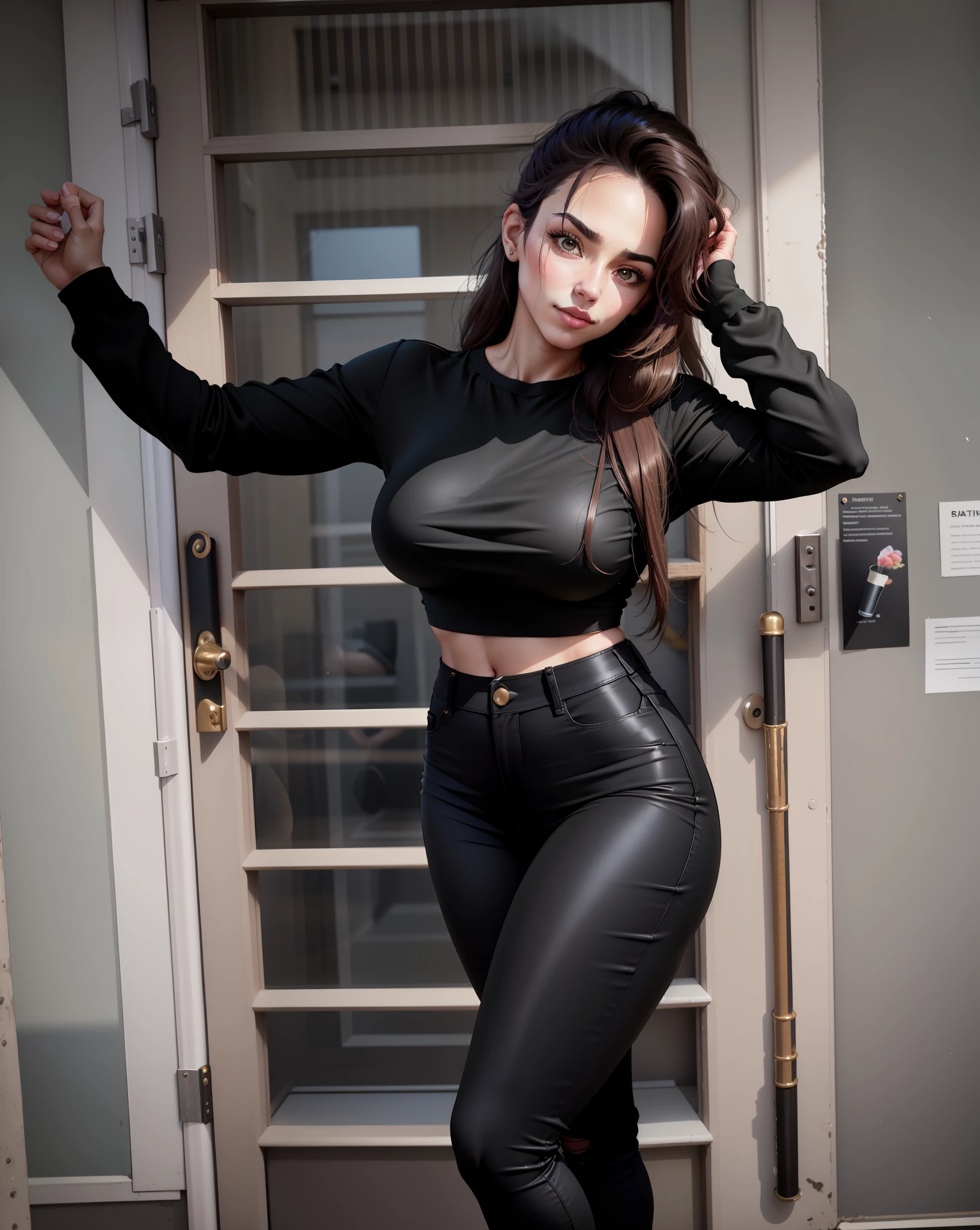 a close up of a woman in black pants and a black top, wearing black tight clothing, casual pose, tight outfit, looks like fabiula nascimento, skinny waist and thick hips, gorgeous lady, wearing a sexy cropped top, wearing tight simple clothes, 30-year-old woman from cuba, black extremely tight jeans, skintight black clothes