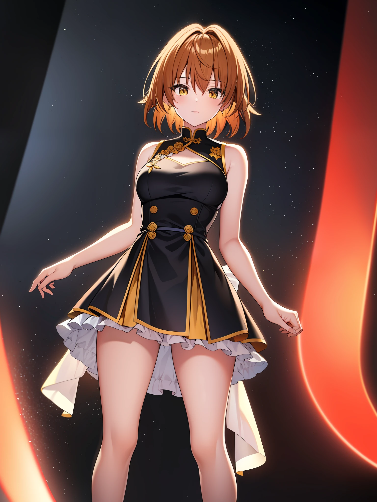 (hyper extreme detailed),(masterpeace),(hyper extreme),(photorealistic),CG,(colour:1.1), beautiful lighting,light from the front,solo,1girl, full body,  yuusaki_riko,orenge hair,short hair,messy hair,yellow eyes, China Dress