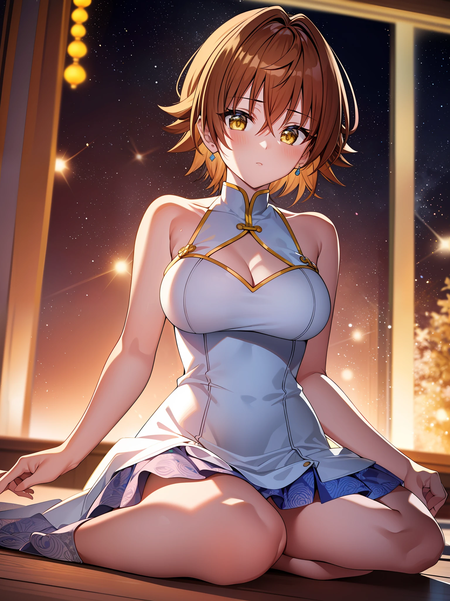 (hyper extreme detailed),(masterpeace),(hyper extreme),(photorealistic),CG,(colour:1.1), beautiful lighting,light from the front,solo,1girl, full body,  yuusaki_riko,orenge hair,short hair,messy hair,yellow eyes, China Dress