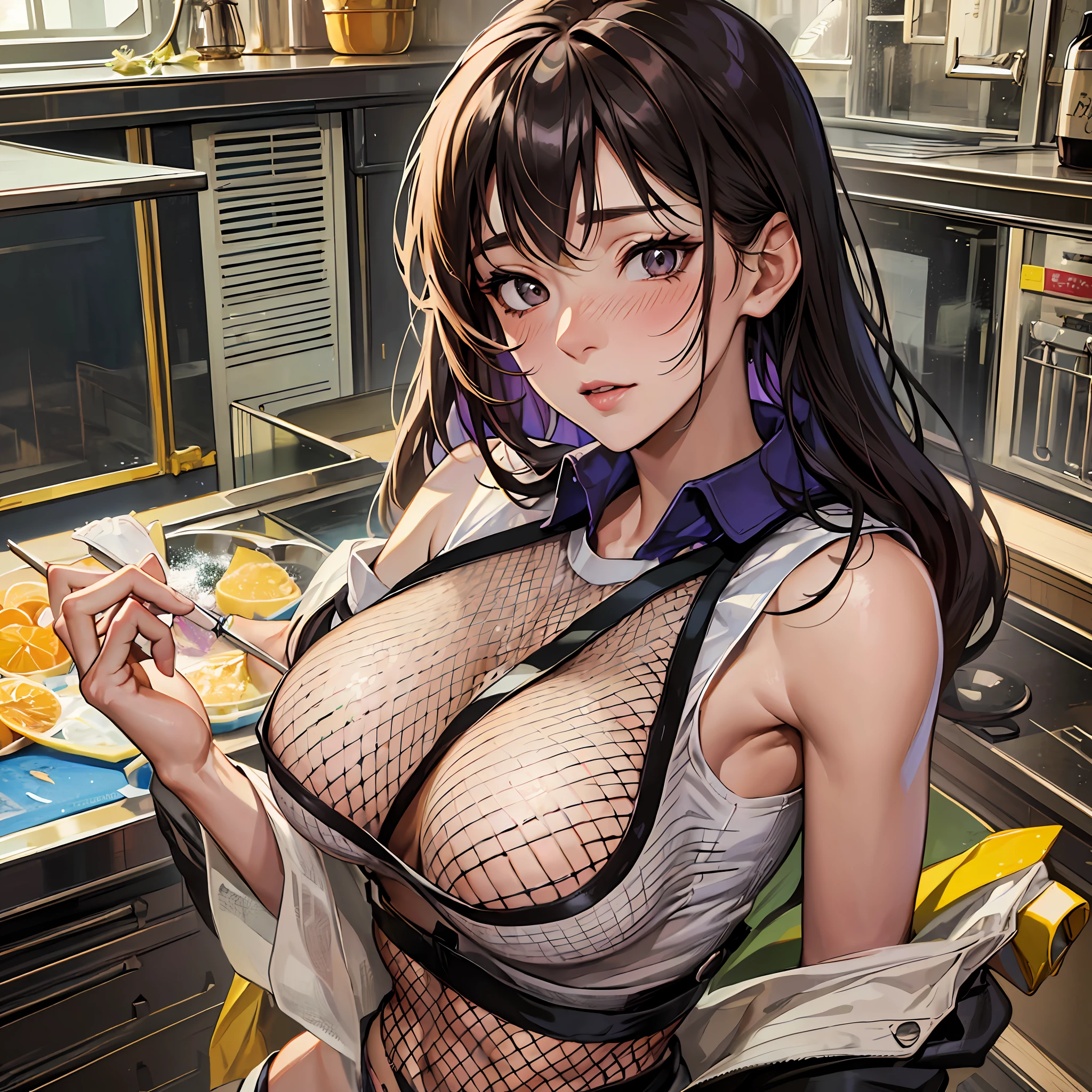 Masterpiece, highres, high quality, detailed face, render detailed body, 1girl, solo, hyuuga hinata, hinata-sleevless-outfit, large , big chest, sleeveless shirt, top, fishnet top, dark lips, no bra, breastsipple, standiushes, (in the kitchen) --auto --s2
