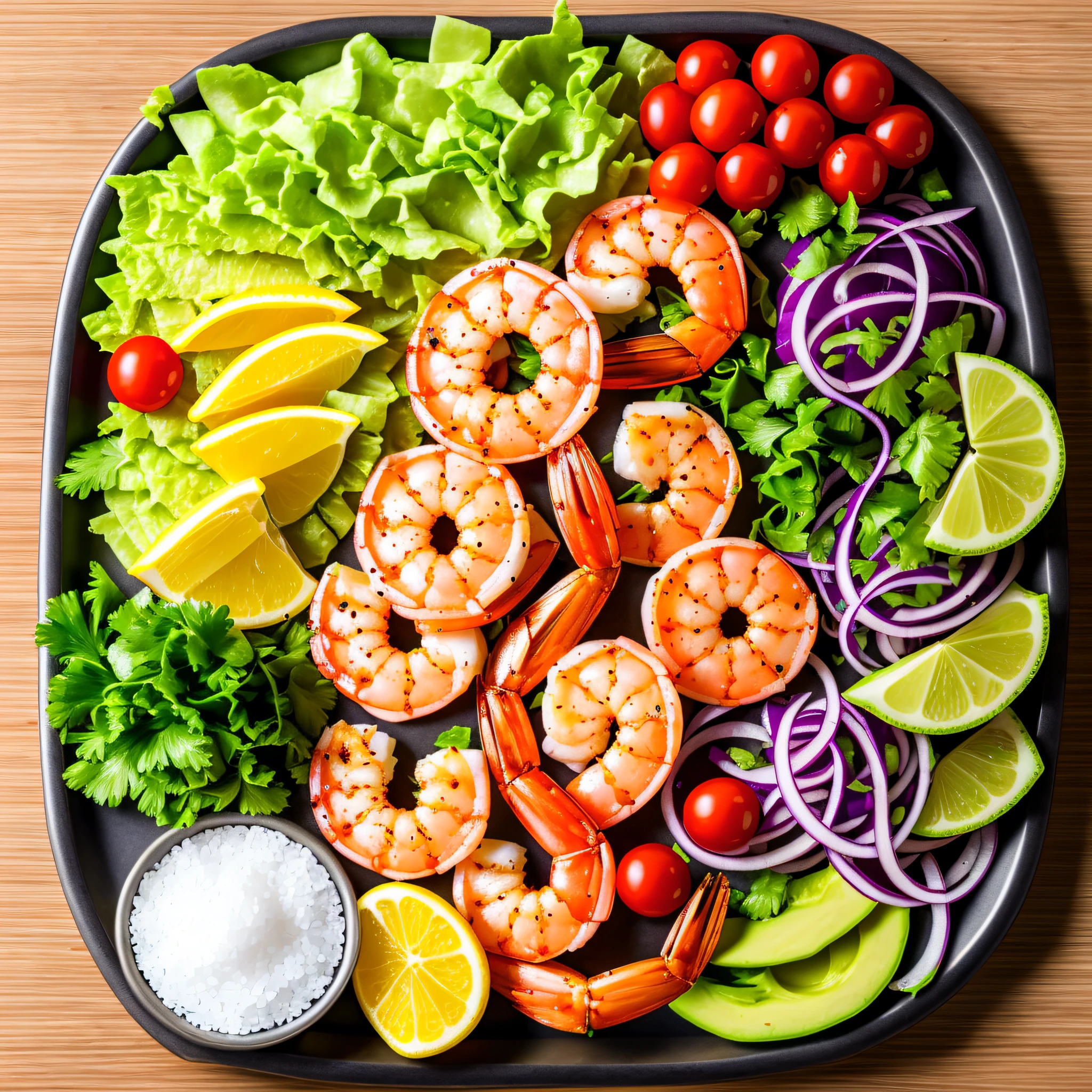 Very healthy food tray with cooked shrimp, avocado, lettuce, cherry tomato, red onion, lemon juice, olive oil, salt and pepper and other healthy foods, 8K resolution, food photography, studio lighting, sharp focus, hyper-detailed