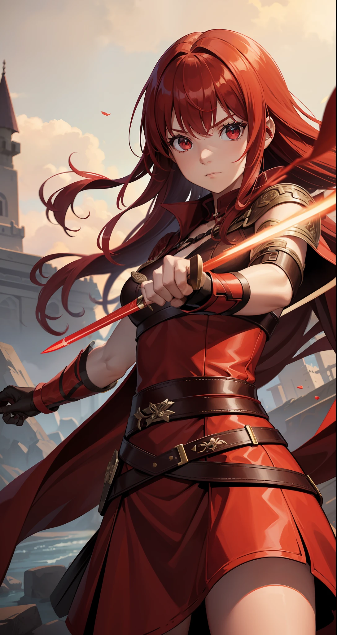 An 8--old l, red hair and red eyes, is a formidable warrior with her two daggers, wears a brown robe and clothes are long and red red, she carries throwing knives and other daggers