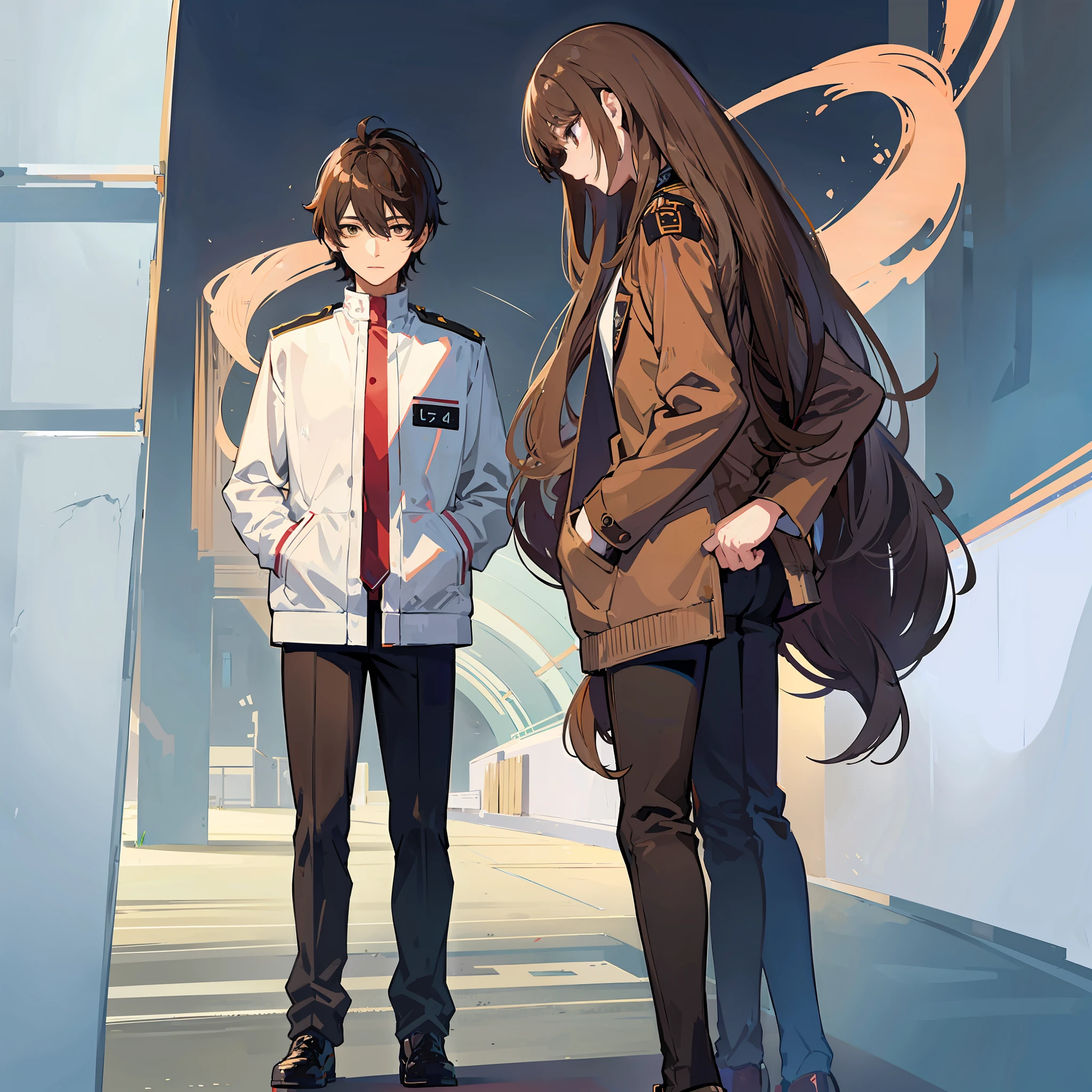 Anime girl, with school uniform and jacket with long brown hair next to depressed boy in uniform, with short brown hair and bangs, full body, digital anime art, background in a school