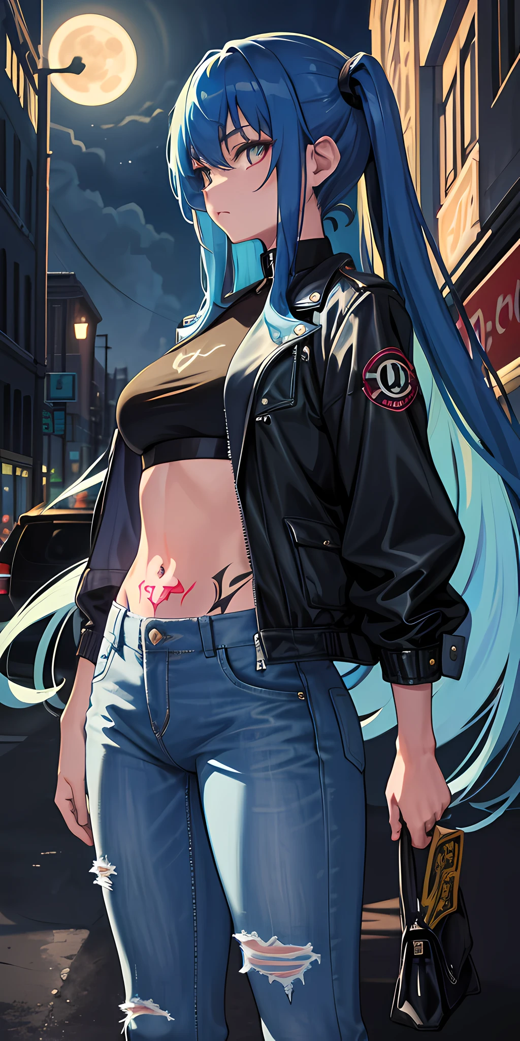 (masterpiece, best quality), 1girl, long hair, blue hair, jacket, tattoos, jeans, night street, moonlight
