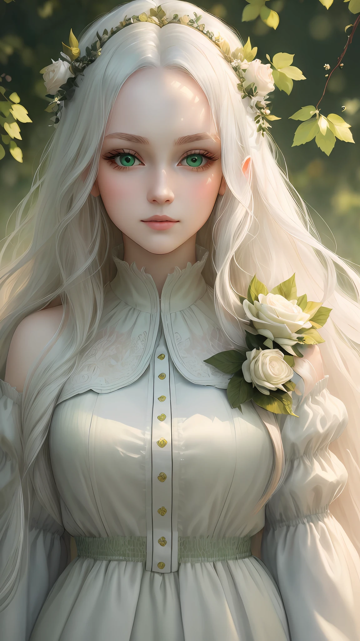 "(((Masterpiece)))), best quality, ultra-detailed details, extremely delicate and beautiful 8k wallpaper, floating, zooming in on the face of a beautiful girl with long white hair, intense green eyes and pale skin."