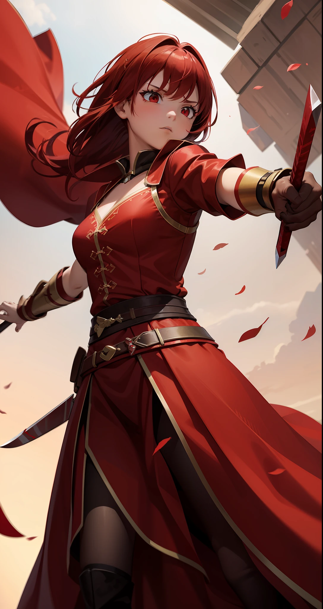 An 8-year-old girl, red hair and red eyes, is a formidable warrior with her two daggers, wears a brown robe and clothes are long and red red, she carries throwing knives and other daggers