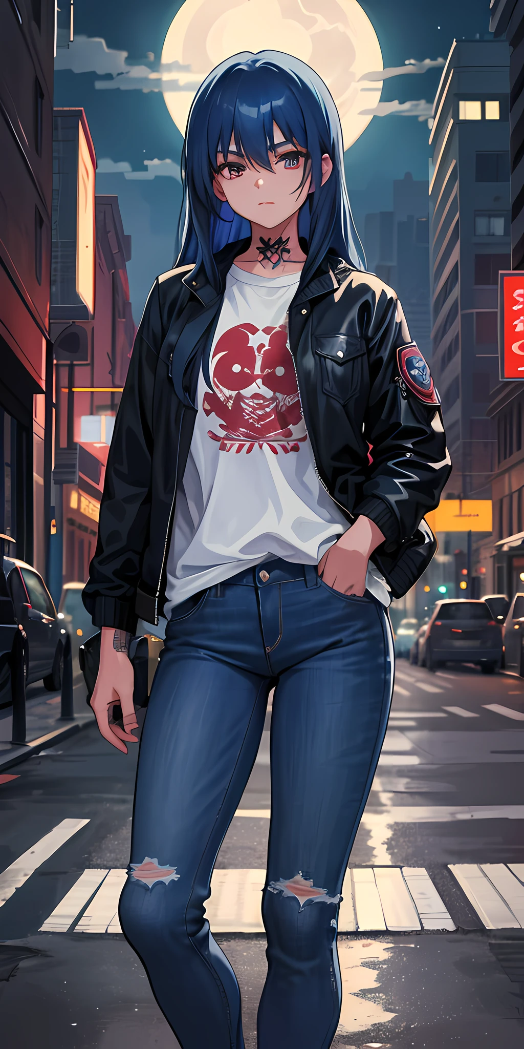 (masterpiece, best quality), 1girl, long hair, blue hair, jacket, tattoos, jeans, night street, moonlight