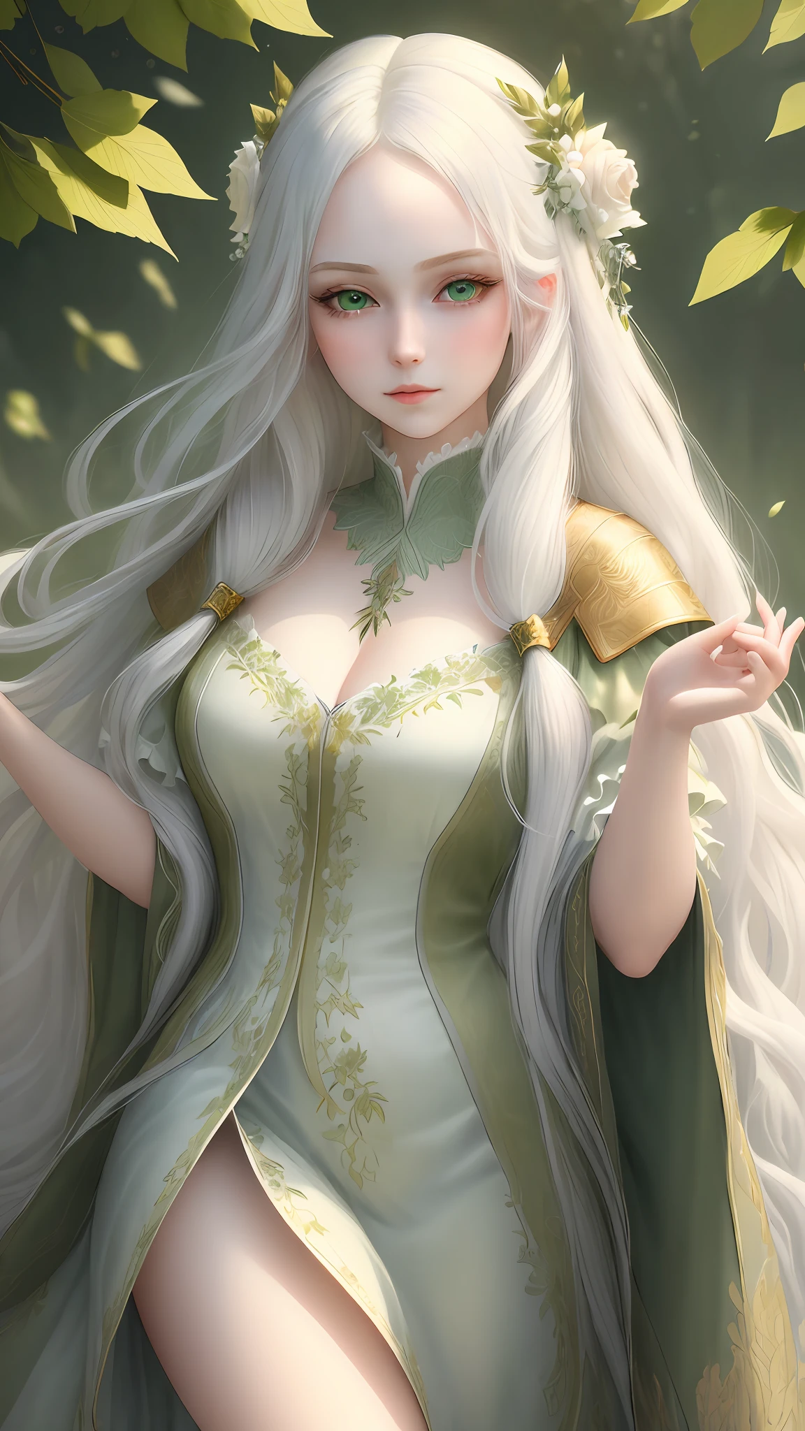 "(((Masterpiece)))), best quality, ultra-detailed details, extremely delicate and beautiful 8k wallpaper, floating, zooming in on the face of a beautiful girl with long white hair, intense green eyes and pale skin."
