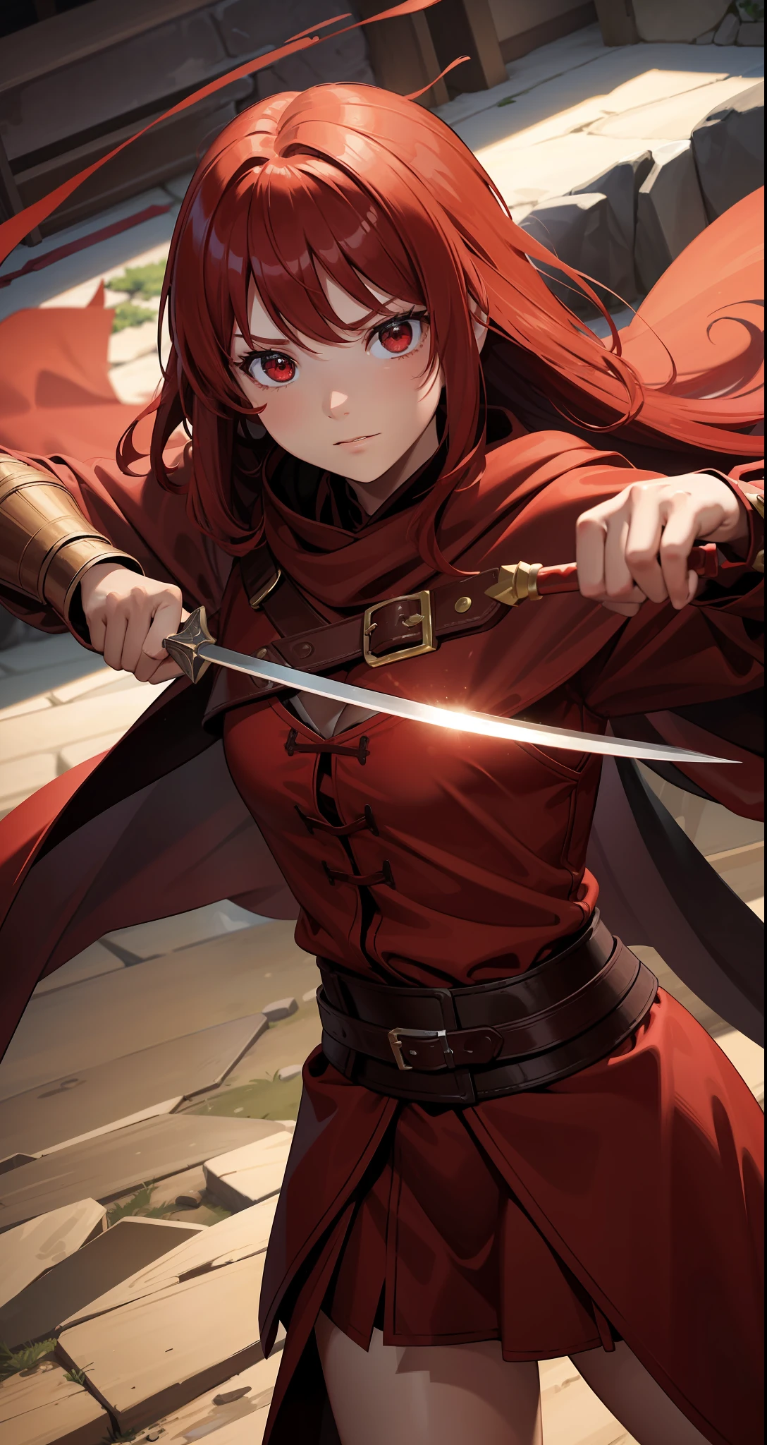 An 8--old l, red hair and red eyes, is a formidable warrior with her two daggers, wears a brown robe and clothes are long and red red, she carries throwing knives and other daggers