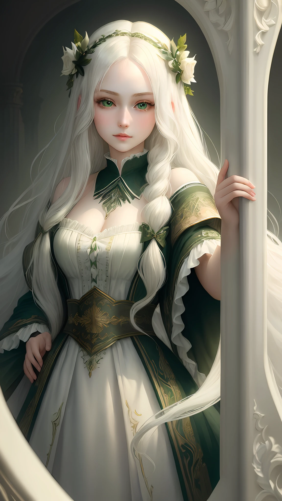 "(((Masterpiece)))), best quality, ultra-detailed details, extremely delicate and beautiful 8k wallpaper, floating, zooming in on the face of a beautiful girl with long white hair, intense green eyes and pale skin."