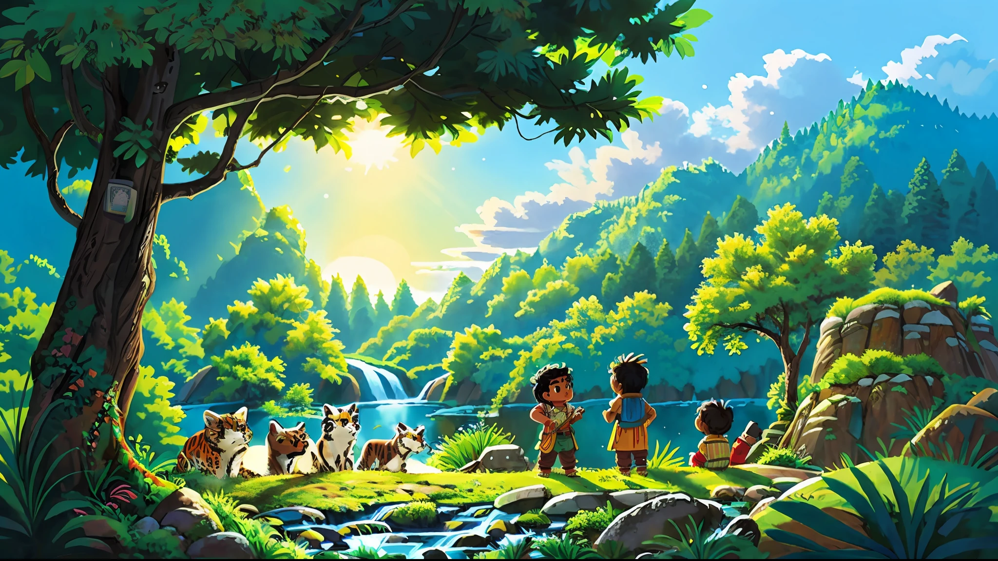 (masterpiece), (best quality:1.4), absurdities, [:d intricate etailles:0.2], Indian boy, tree, snow, soil, outdoors, water, mountain, In the Valley of the Waterfalls, Kauã and his friends found Ossain, the majestic jaguar. Together, they formed a powerful alliance to fight the forest invaders. Ossain shared his strength and wisdom with the Guardians.