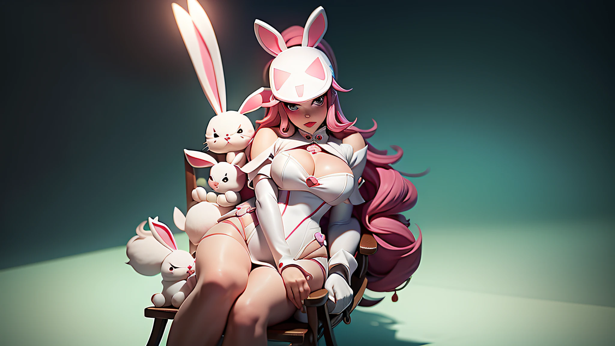 there is a woman sitting in a chair with a bunny mask on her head, angelawhite, ultrarealistic sweet bunny girl, bunny girl, playboy bunny, bbwchan, sakimichan, bad bunny, with bunny ears, cute fumo plush bunny girl, with big rabbit ears, rabbit_bunny, anya from spy x family, ayahausca
