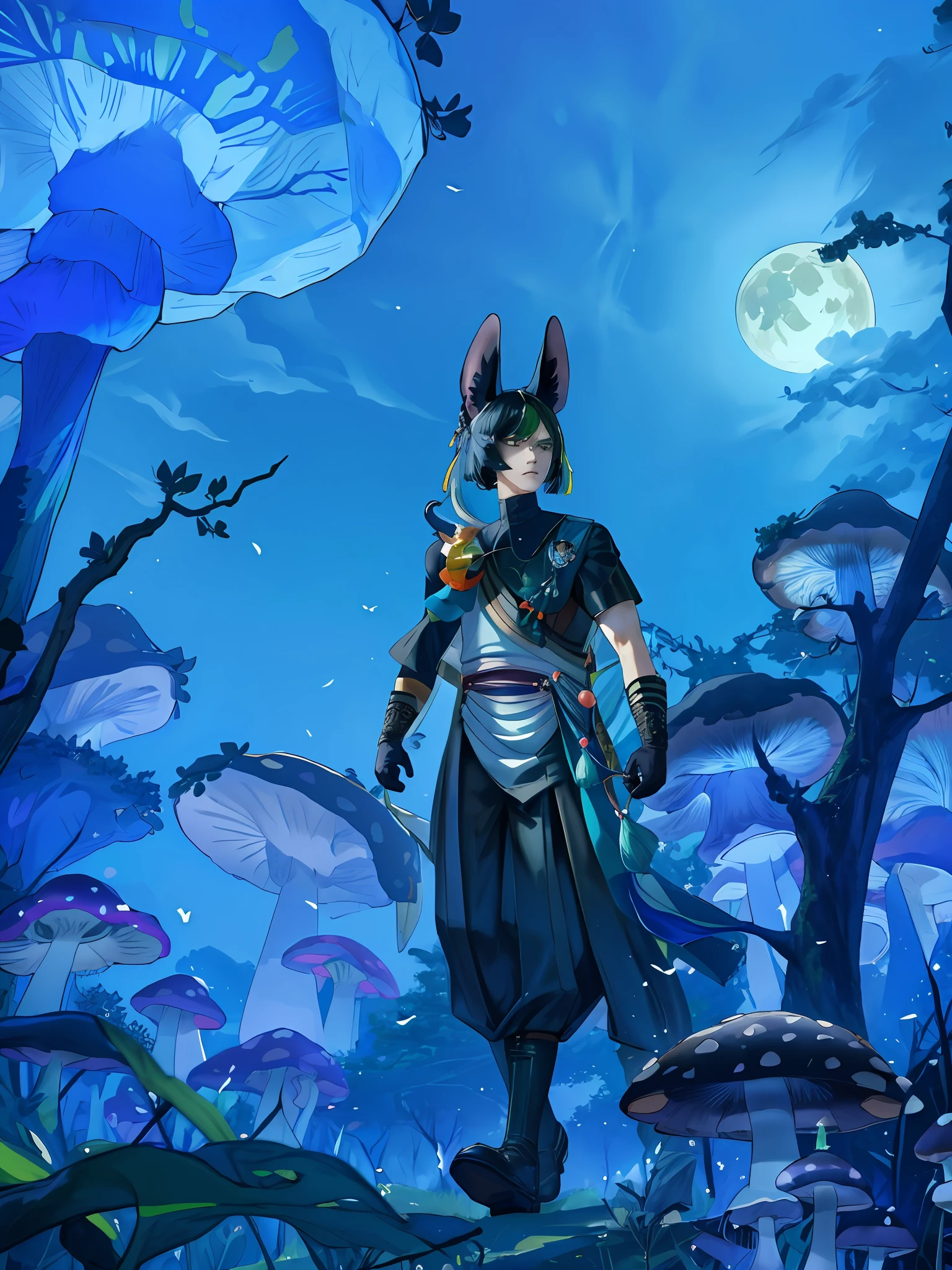 extremely delicate and beautiful, Amazing, finely detail, masterpiece, ultra-detailed, highres,best illustration, best shadow,intricate,sharp focus, high quality, 1 male solo, mature, handsome, tall muscular guy, broad shoulders, black hair with a green streak. big black animal ears, dark teal eyes, tighnari genshin impact, gloves, black shirt, white shirt, black pants, in a mysthical forest with glowing mushrooms and glowing plants, at night, moon in the sky