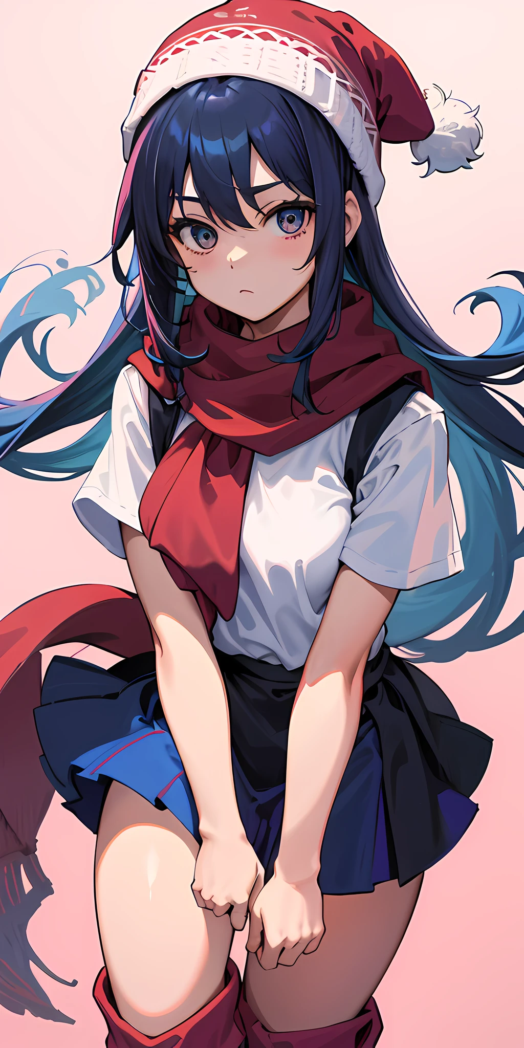 (masterpiece, best quality), 1woman, long hair, blue hair, white T-shirt, black vest, pink skirt, red scarf, white winter hat, pink riding boots, black stockings,