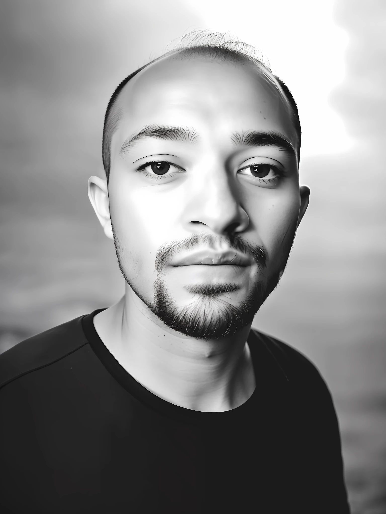 b&w photo of 30 y.o man in black clothes, bald, face, half body, body, high detailed skin, skin pores, coastline, overcast weather, wind, waves, 8k uhd, dslr, soft lighting, high quality, film grain, Fujifilm XT3