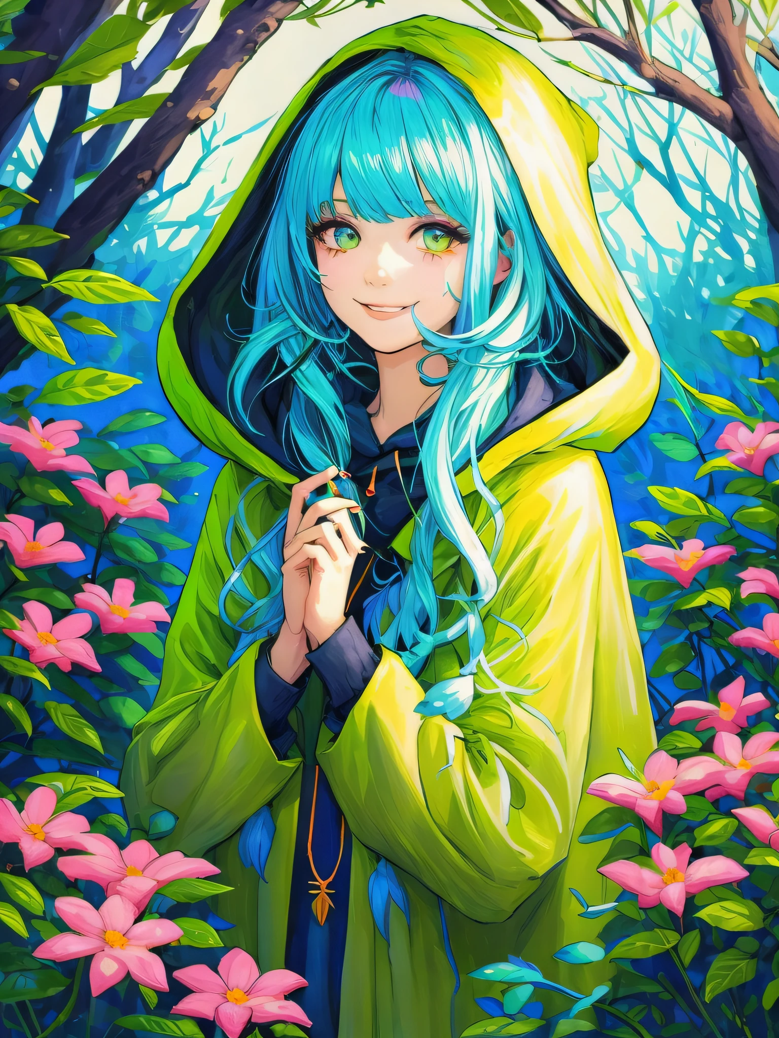 (Best quality),(masterpiece),(ultra detailed),(high detailed),(extremely detailed),moe style neon bright neon colorful illustration, beautiful cute girl, long wild blue hair, wearing a green hooded cloak, making a living, painting, drawing, smile, flowers, trees, bushes, ethereal