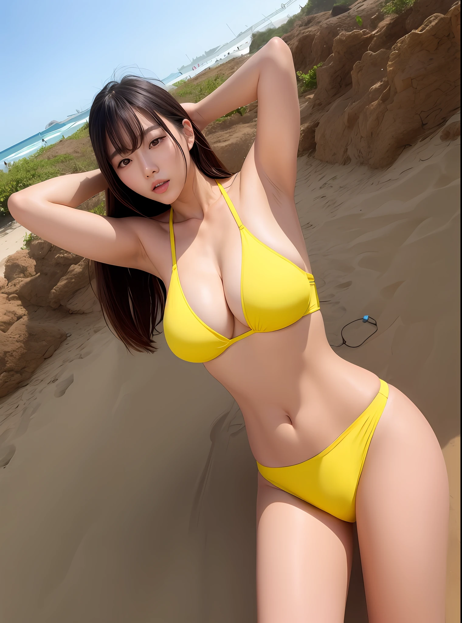 Sexy Korean model provocative breasts large straight in yellow bikini playing beach volleyball on beach