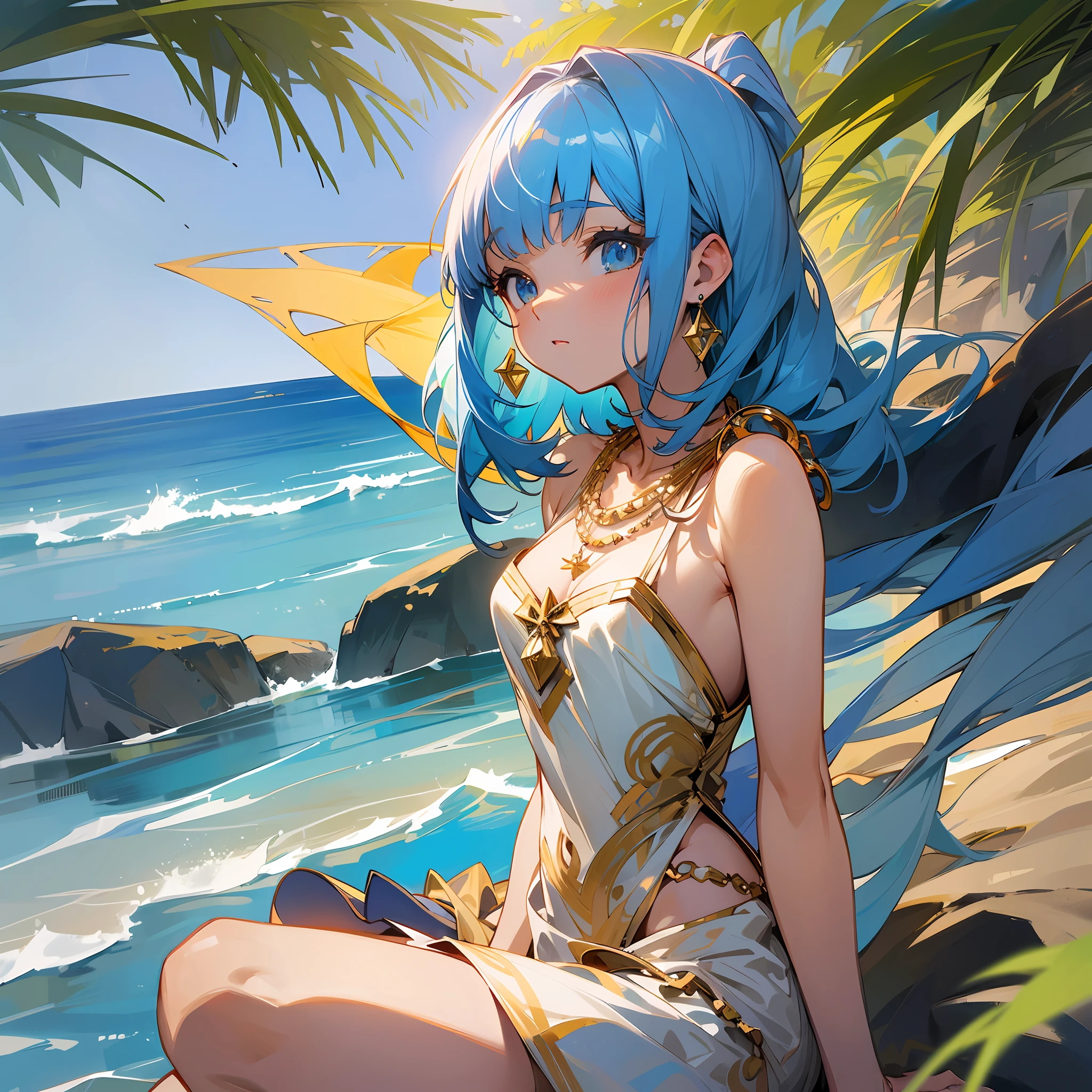 (Woman) young, anime, (full body) wide hips, small breasts, and big ass, (short Greek torn dress) white coloration and gold embroidery at the edges, (straight blue hair with bangs and long), (earrings), (necklaces), (landscape) beach, clear sky with a beautiful sun, (body position) sitting on top of the sand with her beautiful hands leaning against the waters, (beautiful face). --auto --s2