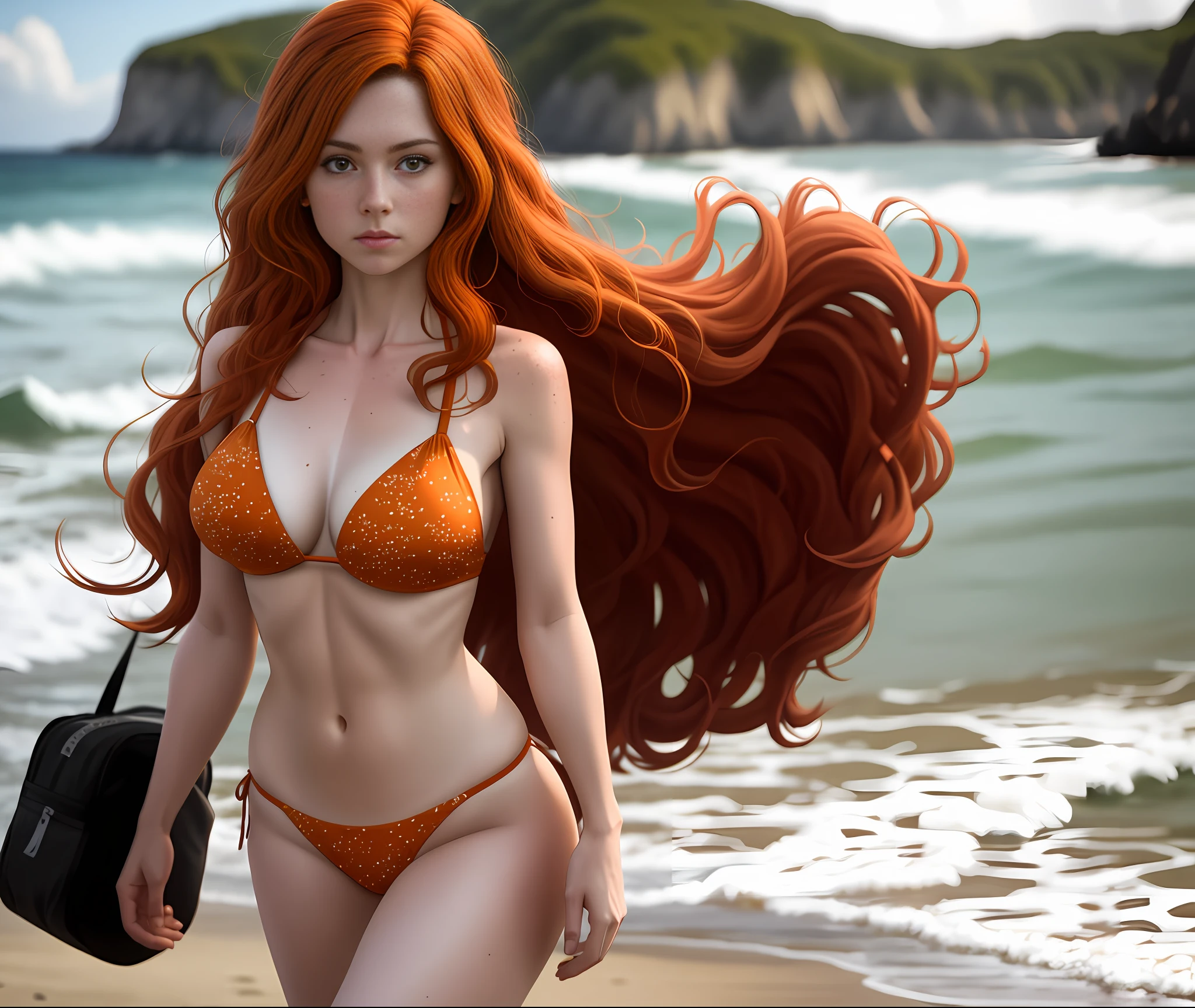 A caucasian Woman, long wavy auburn hair, light freckling, petite, slim build, DD cup breast size, 5'4" in height, 120 lbs in weight, wearing a bikini, photorealistic, walking down a beach