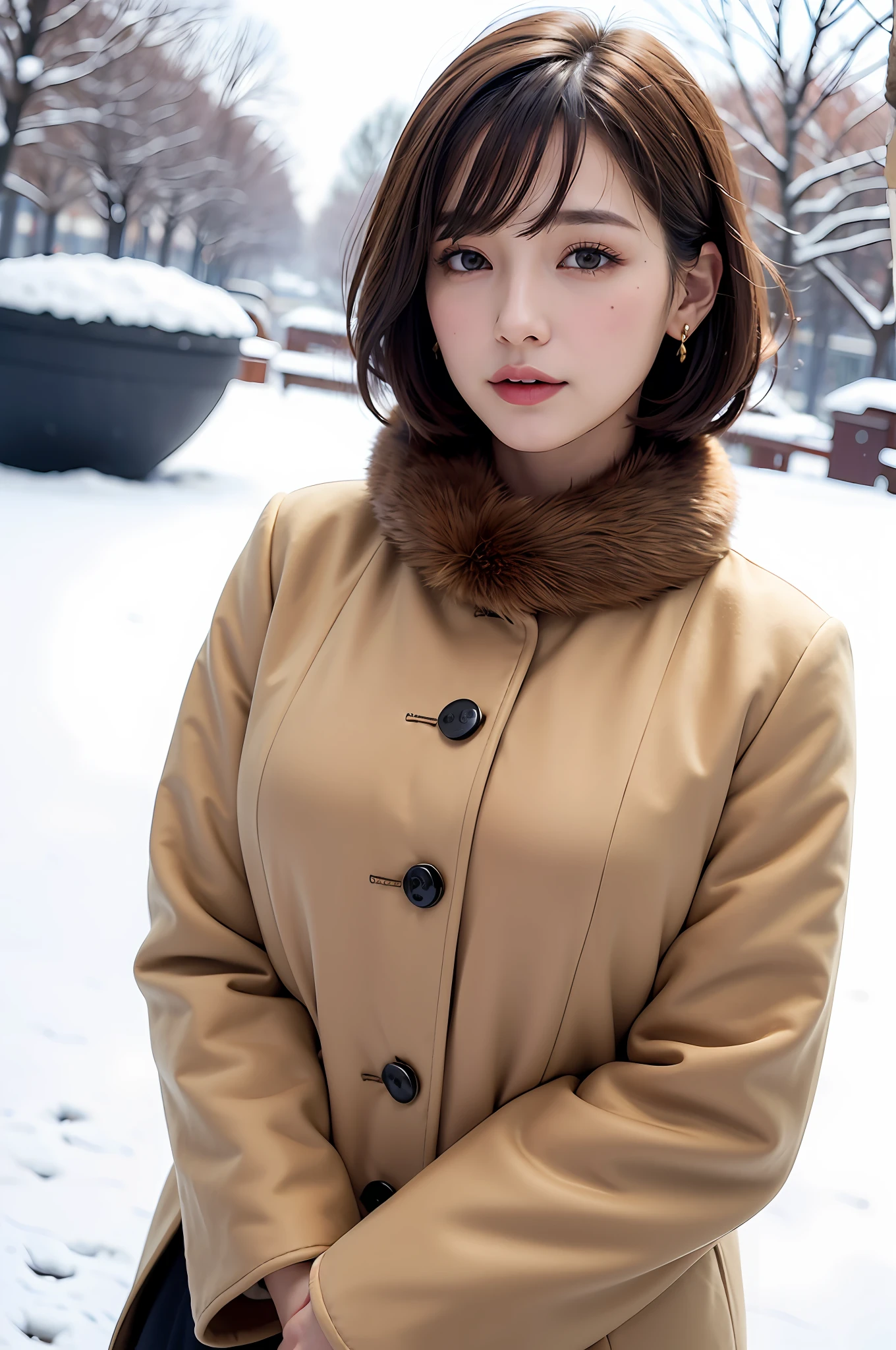 1 girl, bare_tree, brown_eyes, brown_hair, building, coat, cross_earrings, earrings, fur, fur trimmed_coat, fur_collar, fur_scarf, fur_trim, jewelry, lips, shorthair, looking_at_viewer, outdoors, snow, snow, solo, tree, upper_body, Winter, winter_clothes, detailed_eyes, Big breasts, chest close with arms, Chest facing camera, Big, Ears out, Golden ratio face, Golden ratio body, Best quality, Ultra high definition, Bangs, Thick bangs, Short hair, Short bob hair, Short hair, Short hair, Short beautiful hair