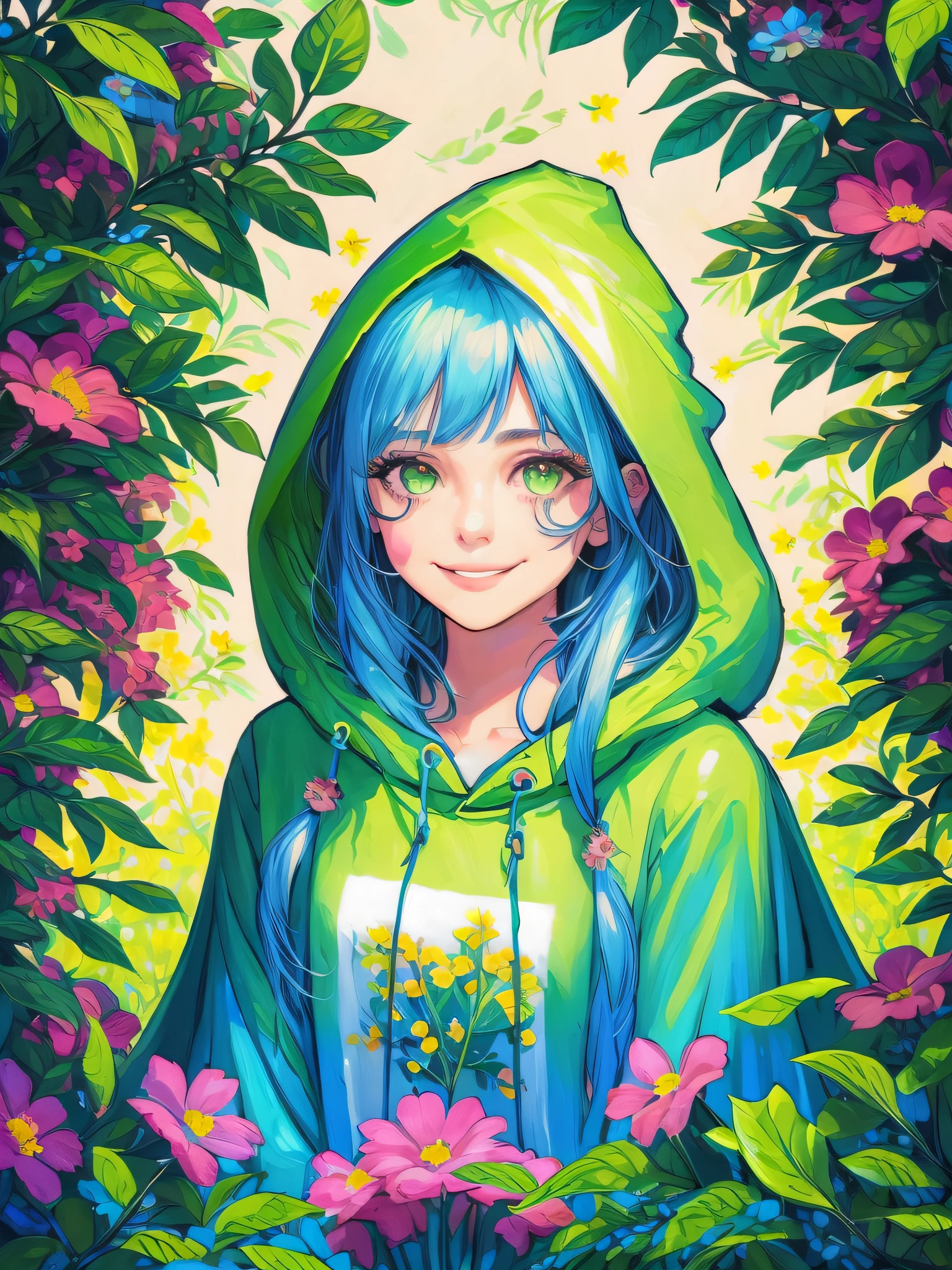 (Best quality),(masterpiece),(ultra detailed),(high detailed),(extremely detailed),moe style neon bright neon colorful illustration, beautiful cute girl, long wild blue hair, wearing a green hooded cloak, making a living, painting, drawing, smile, flowers, trees, bushes, ethereal