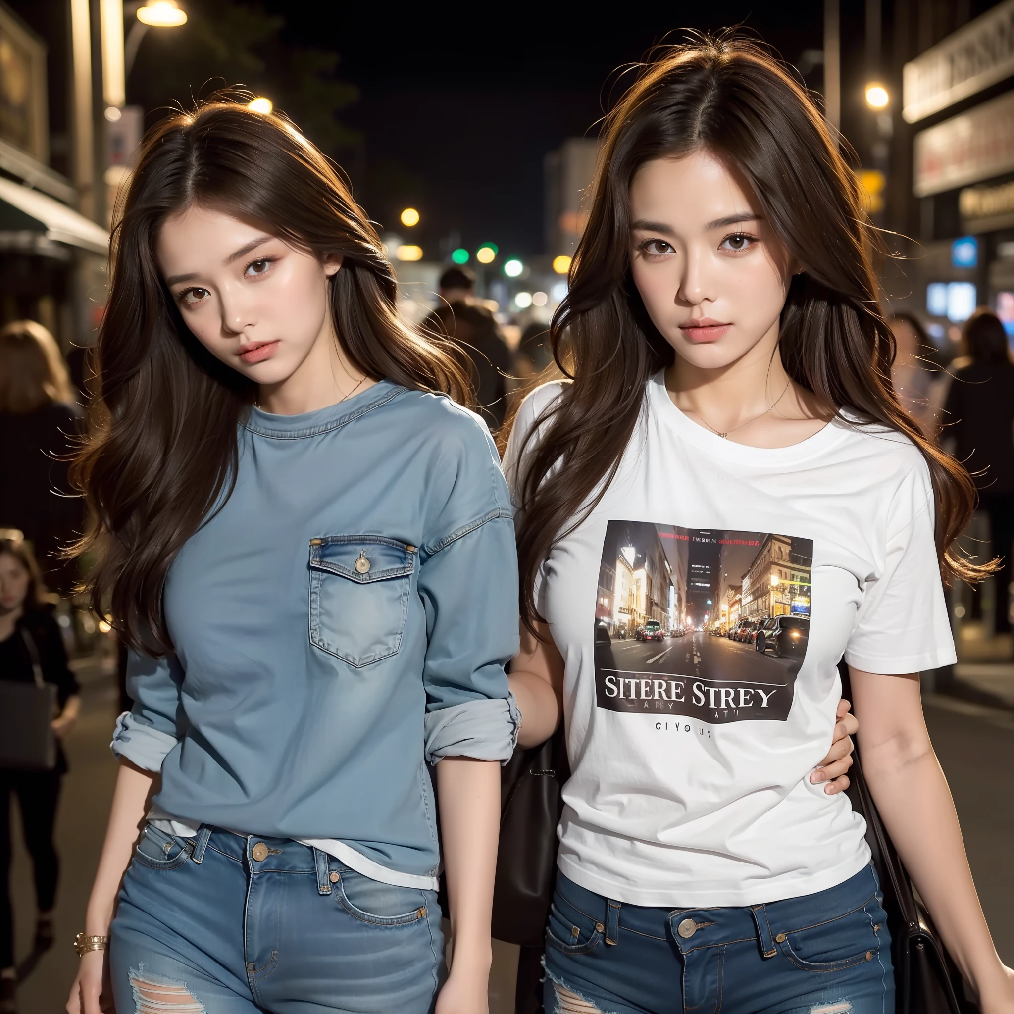 (Best Quality, High Resolution, Masterpiece: 1.3), A Beautiful Woman, Perfect Figure, Attractive Eyes, Dark Brown Hair, Loose Wavy Styling, Hot T-Shirt, Ripped Jeans, (City Street at Night), Intricate Details beautifully presented in facial and skin textures, Detail eyes, double eyelids