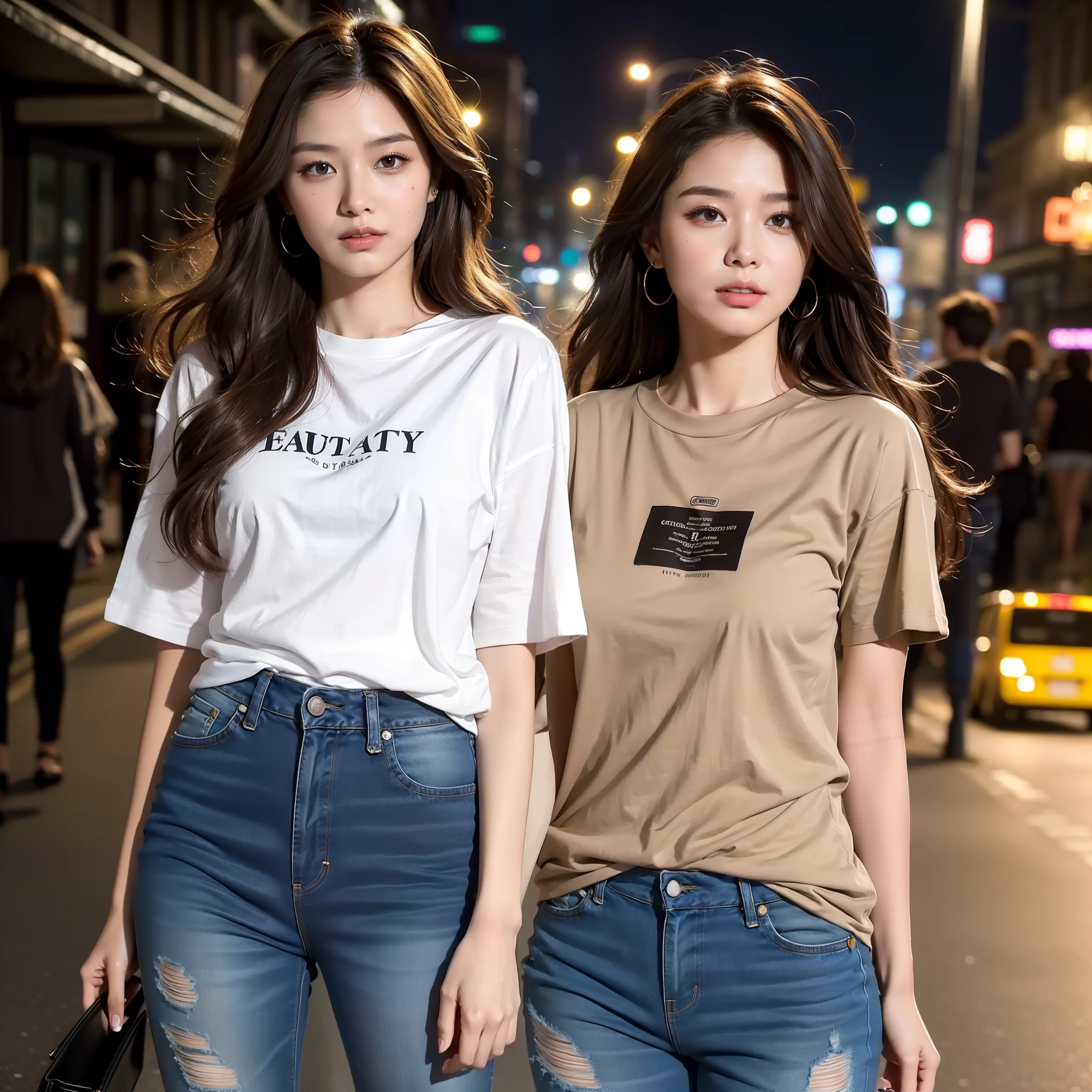 (Best Quality, High Resolution, Masterpiece: 1.3), A Beautiful Woman, Perfect Figure, Attractive Eyes, Dark Brown Hair, Loose Wavy Styling, Hot T-Shirt, Ripped Jeans, (City Street at Night), Intricate Details beautifully presented in facial and skin textures, Detail eyes, double eyelids