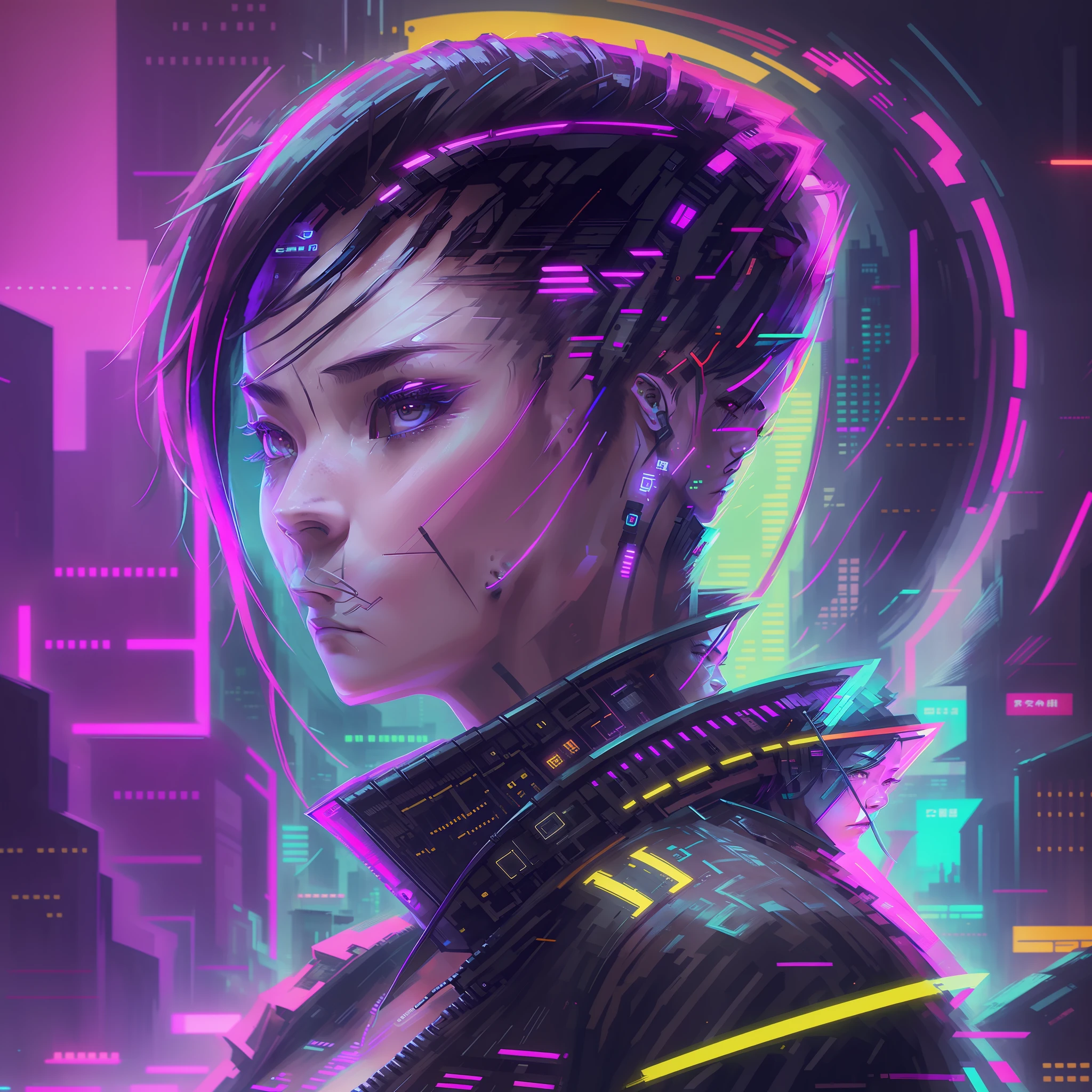 Create a cyberpunk style avatar, 1 Japanese man, short black cebel, centered face, futuristic background, high resolution, 8k, profile picture, 1:1 resolution. --auto --s2