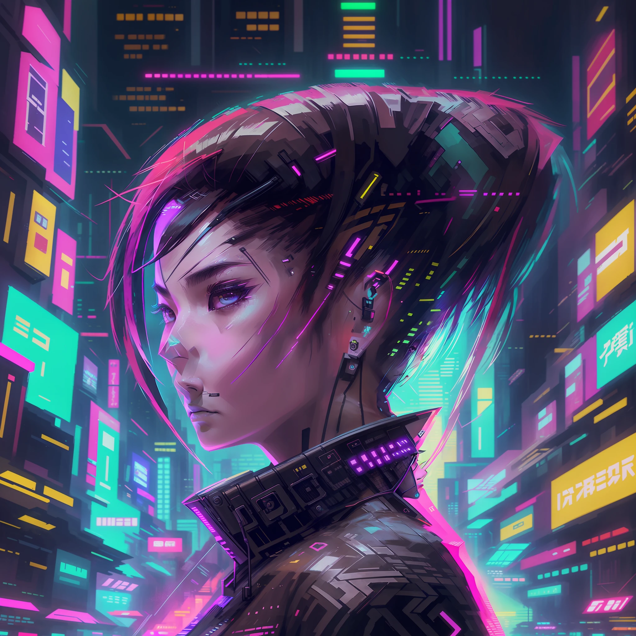 Create a cyberpunk style avatar, 1 Japanese man, short black cebel, centered face, futuristic background, high resolution, 8k, profile picture, 1:1 resolution. --auto --s2