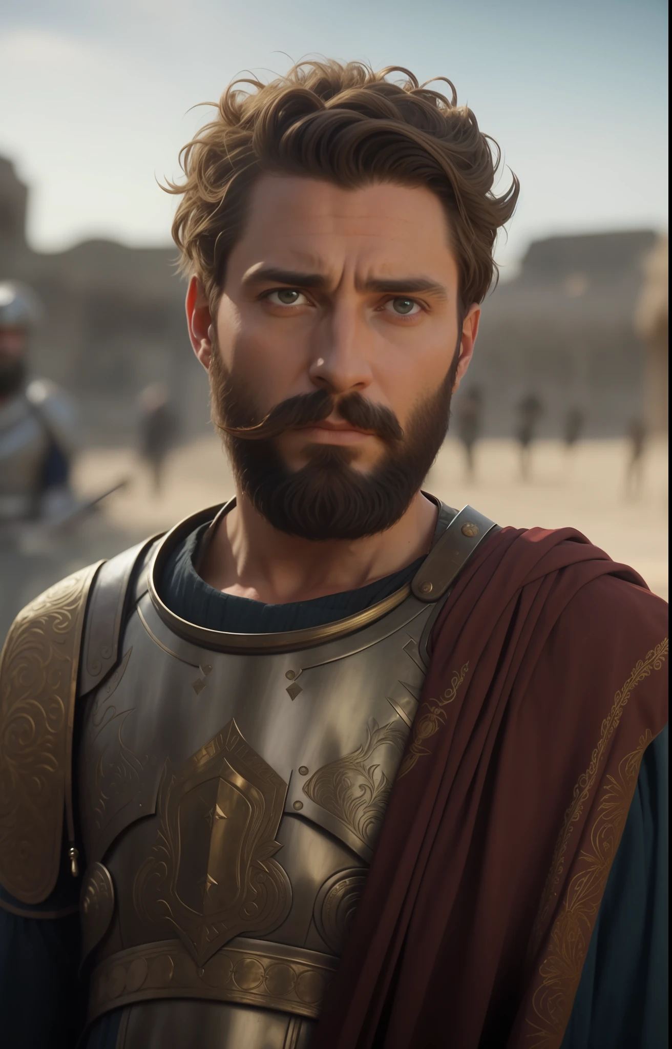 A man in a Roman costume with beard and beard, Maximus Jacobs, biblical epic film, man of ancient Rome, Armitage, scene from Dune 2 0 2 1 film, in screenshot from film 300, with beard leonidas, Raphael Lecoste, Ledmund Leighton, 8K film, emperor Marcus Aurelius, hyperrealist