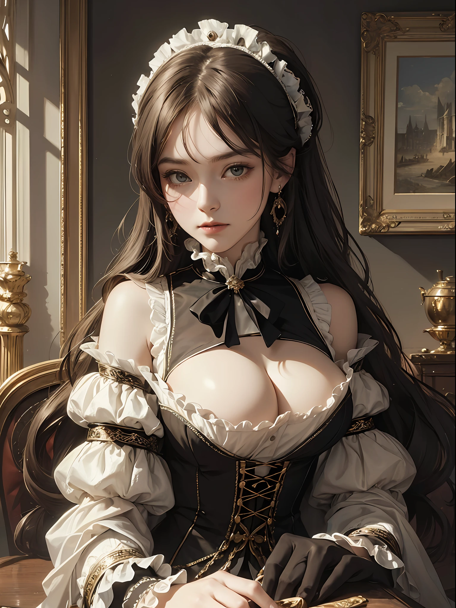 (Pure Color: 0.9), (Color: 1.1), (Masterpiece: 1,2), Best Quality, Masterpiece, High Resolution, Original, Highly Detailed Wallpaper, Beauty, Victorian, Dress, Melancholy, Big Breasts, Sepia Color, 30 years old --auto --s2