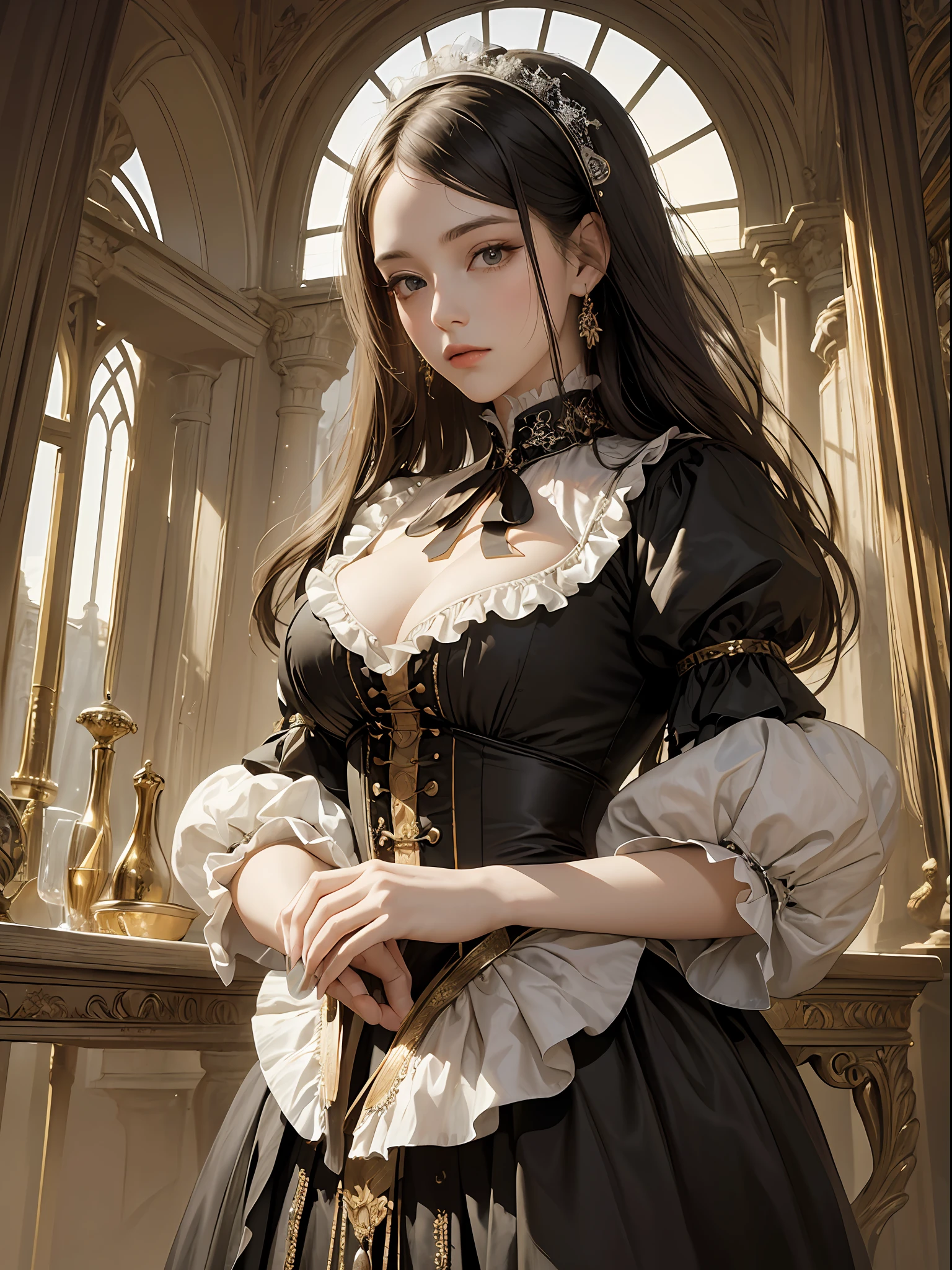 (Pure Color: 0.9), (Color: 1.1), (Masterpiece: 1,2), Best Quality, Masterpiece, High Resolution, Original, Highly Detailed Wallpaper, Beauty, Victorian, Dress, Melancholy, Big Breasts, Sepia Color, 30 years old --auto --s2