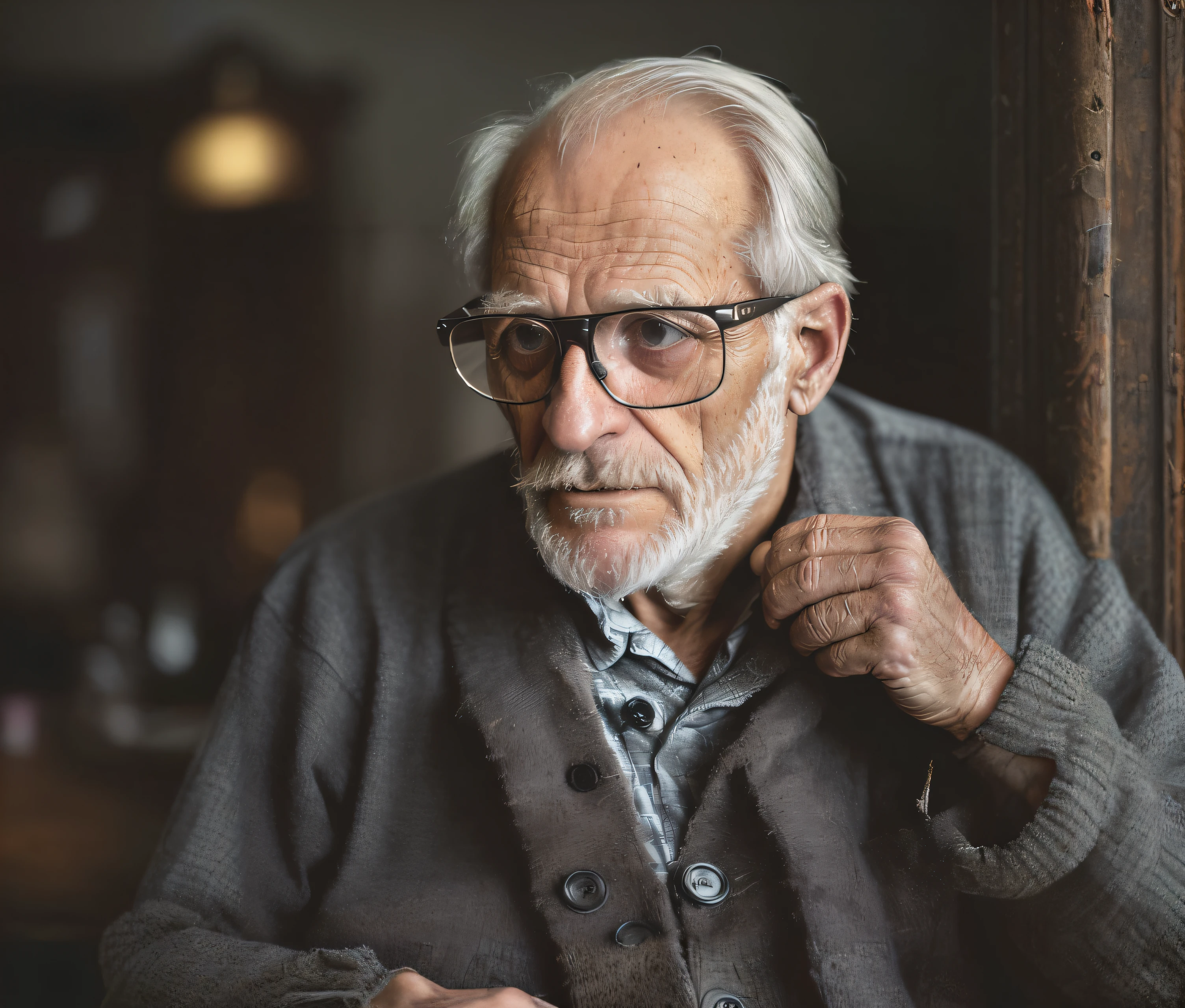 (editorial photograph of an old, unshaven, tired, 70 y.o. male), (wearing worn out clothes, wearing glasses, detailed:1.3), (highly detailed face:1.4), (background inside dark, moody, private study, old furniture:1.3), (8k, uhd, dslr, high quality, cinematic lighting, bokeh), (dramatic, award winning photography, incredible masterpiece:1.3) (strong depth of field