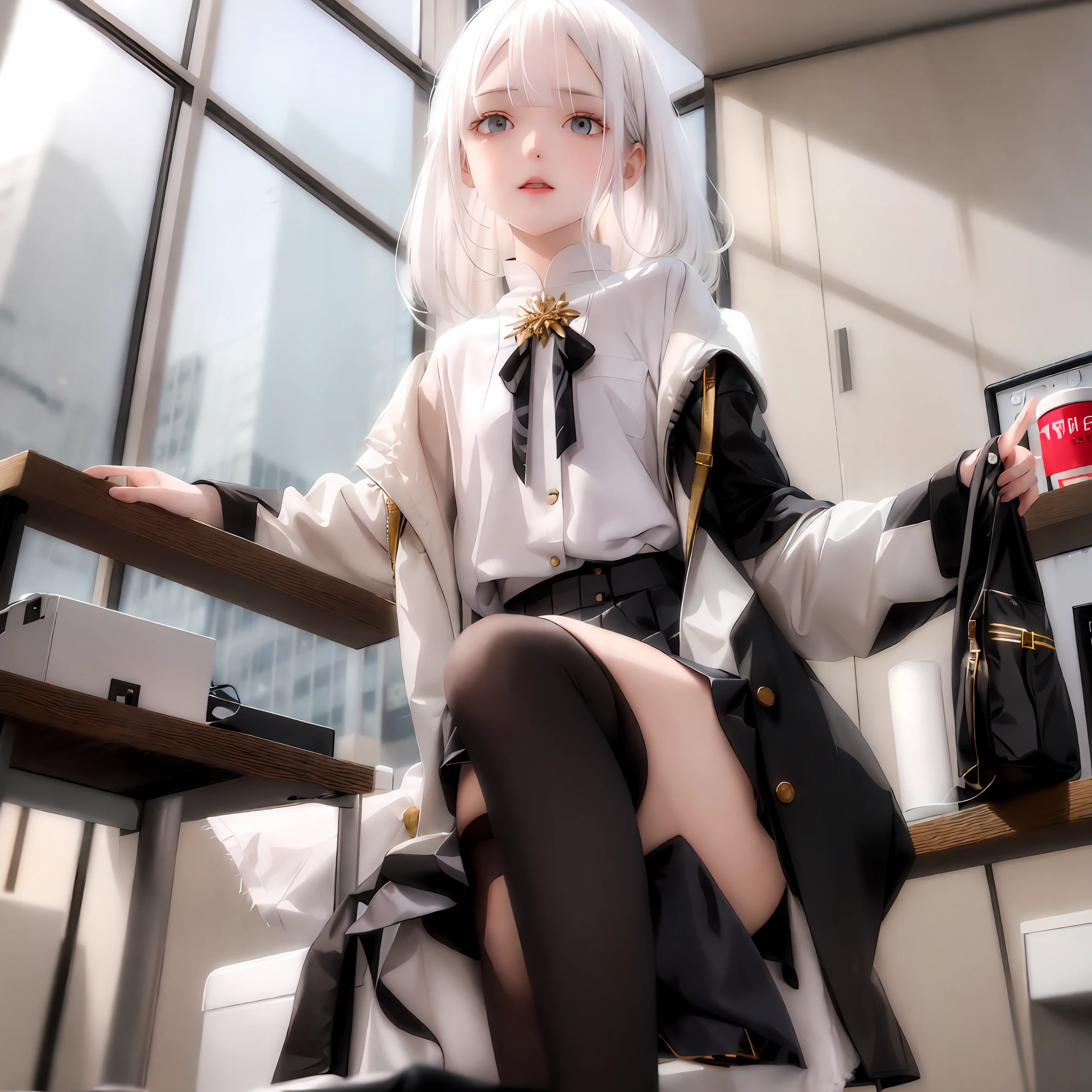 White hair, golden eyes, white clothes, short skirt, hair, chest, long legs