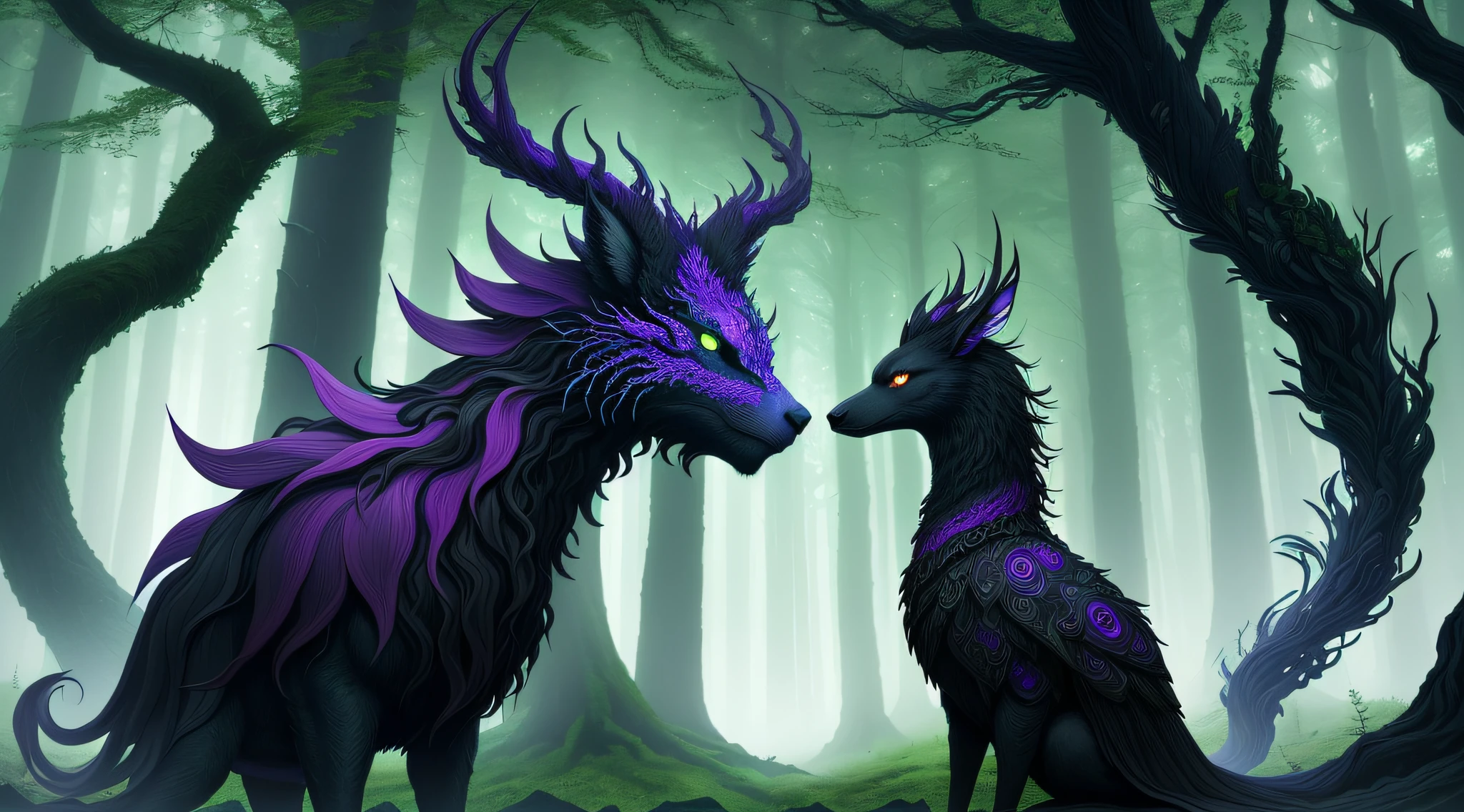 Hello, IA! Please create a Dark creature, Sylvan, the Guardian of the Forests
. Explore your creativity to portray this mystical and imaginary creature. Play with vibrant colors, unique shapes and intriguing textures to make the image unique and engaging. I'm excited to see your artistic interpretation of the Dark creature, Do Sylvan, the Guardian of the Forests