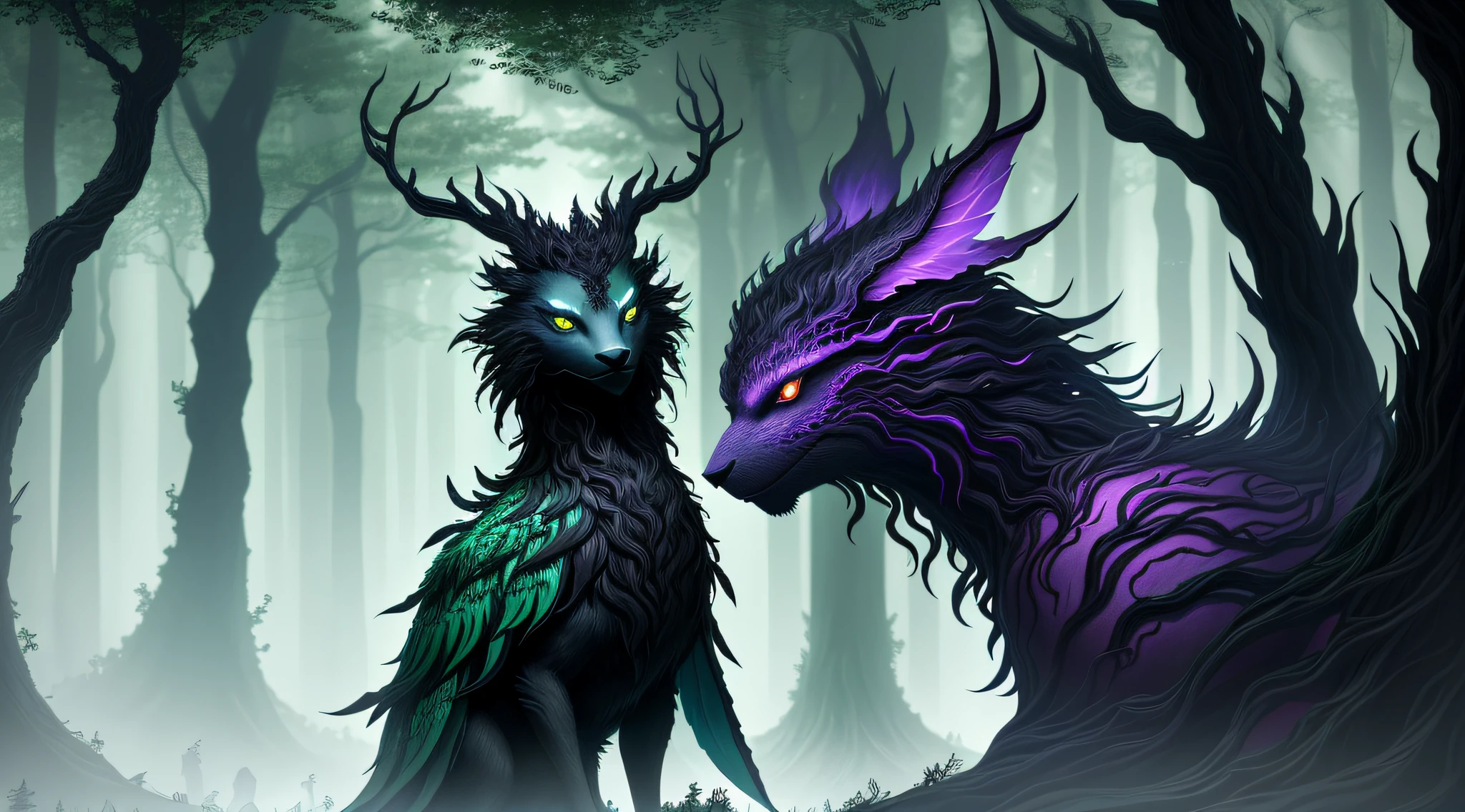 Hello, IA! Please create a Dark creature, Sylvan, the Guardian of the Forests
. Explore your creativity to portray this mystical and imaginary creature. Play with vibrant colors, unique shapes and intriguing textures to make the image unique and engaging. I'm excited to see your artistic interpretation of the Dark creature, Do Sylvan, the Guardian of the Forests