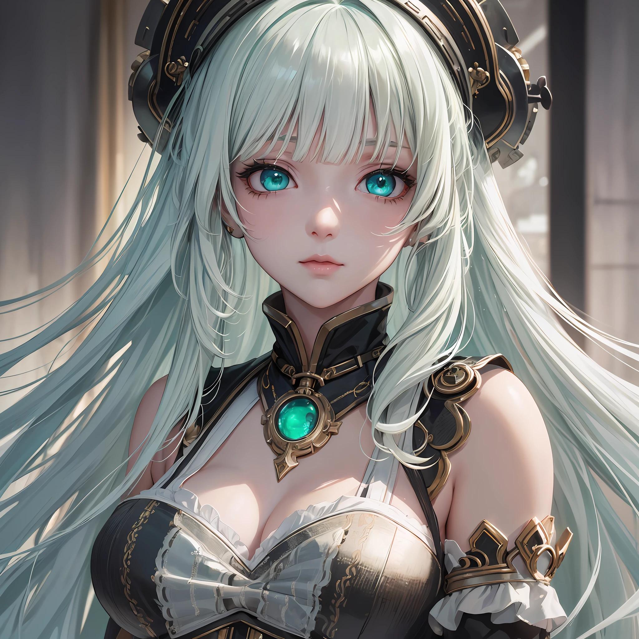 Well detailed illustration, better image, best anime, best quality, best coloring, best desinger, extremely detailed eyes, a beautiful girl of (incandescent shimmering eyes) of emerald green color, ((long white hair with bangs:1.3)) wearing steampunk style clothes, artistic cinematic lighting from Paramount and Wit studios, steampunk.lora backdrop: details:1.2, lora:eyedetailed:1.2,lora:add_details:1.2, lora:more_details:1.2, lora:cinematic-lighting, lora:studio-light, lora:eyesdetails:1.3.