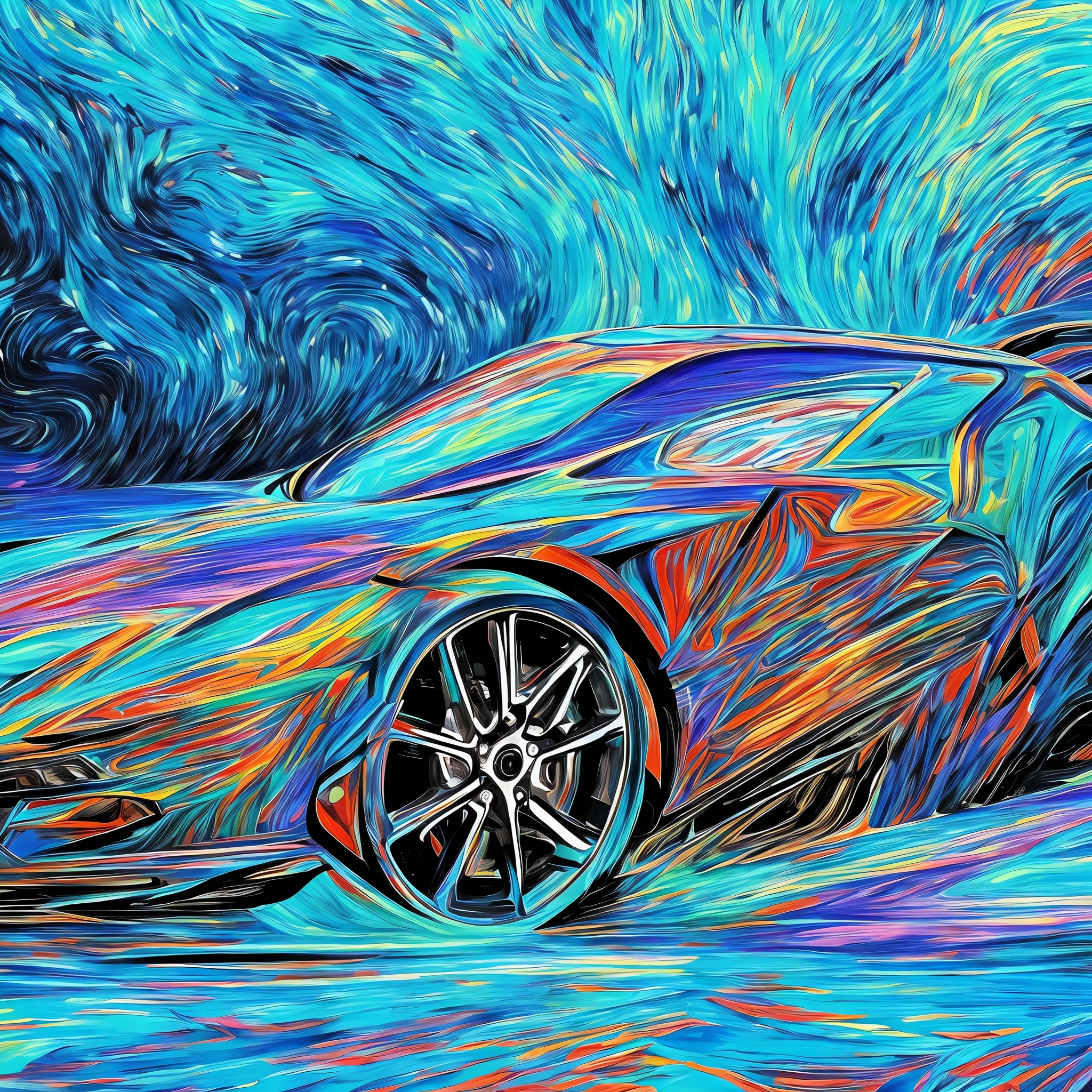 Digital art car illustration drawing, in the style of oil paintings, turquoise blue and light pearlescent blue, 32k UHD, lavender, vibrant, exaggerated scenes, nature scenes, hard border painting.