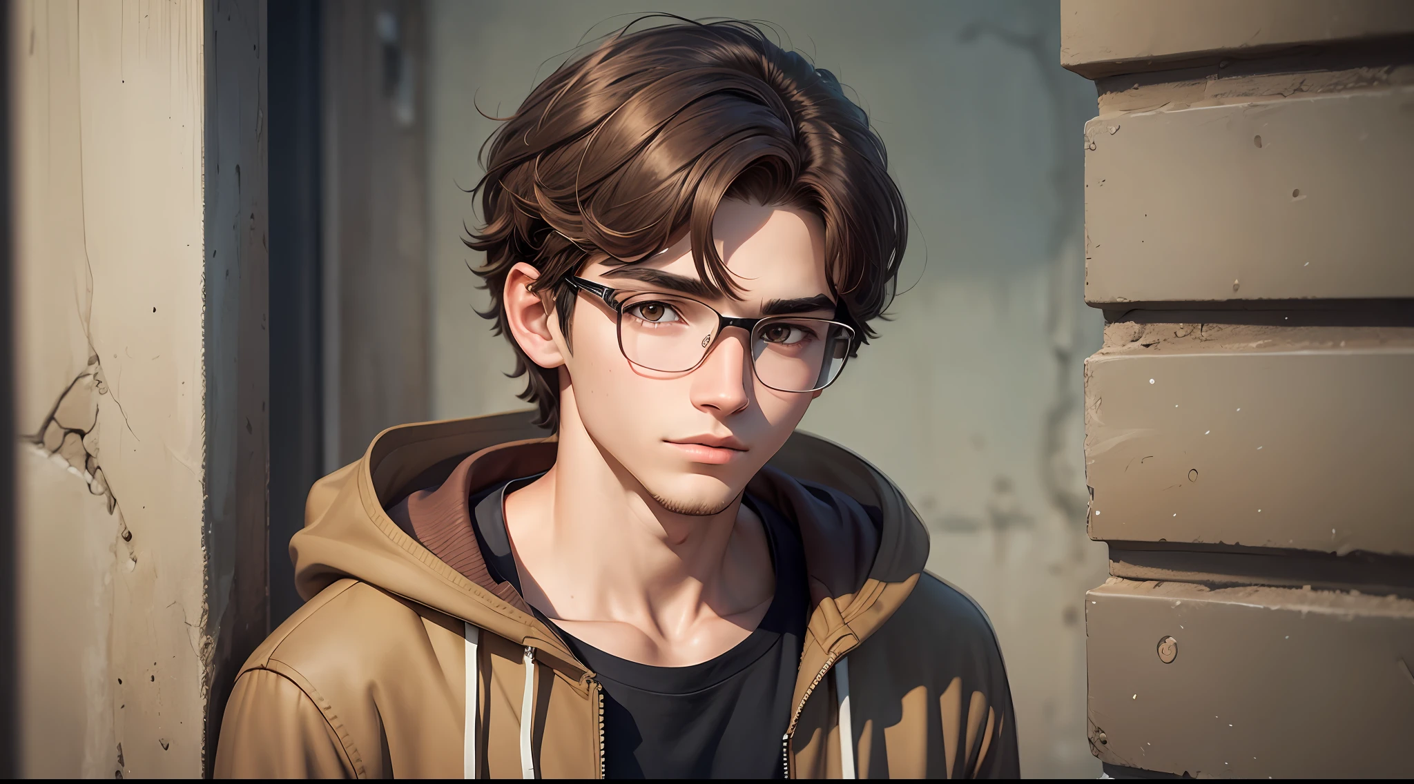 Original and unique authentic character,A young man with medium weight,with brown hair,short and wavy,he has brown eyes. He wears a jacket, sweaters with hood, is 18 years old and wears glasses. --auto --s2
