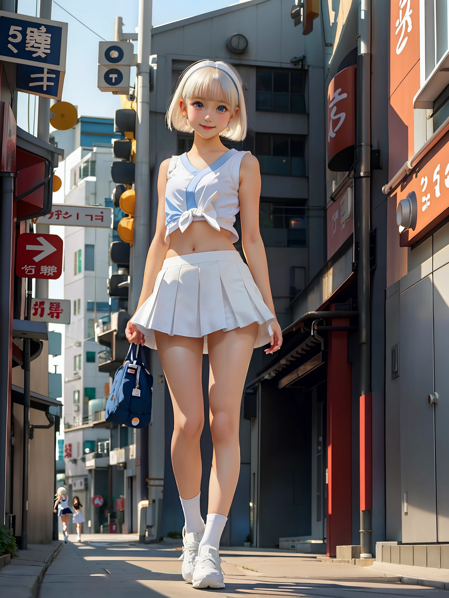 cute young anime girl in urban outfit, short white skirt, sleeveless white top, belly-bare, petite breasts, flat stomach, (platinum blonde hair:1), ((blue eyes)), looking at the viewer, , elegant cute pose with slight twist, cute smiling, looking to the side, (full body photo:1.5), trending on Studio Ghibli, trending on ArtStation