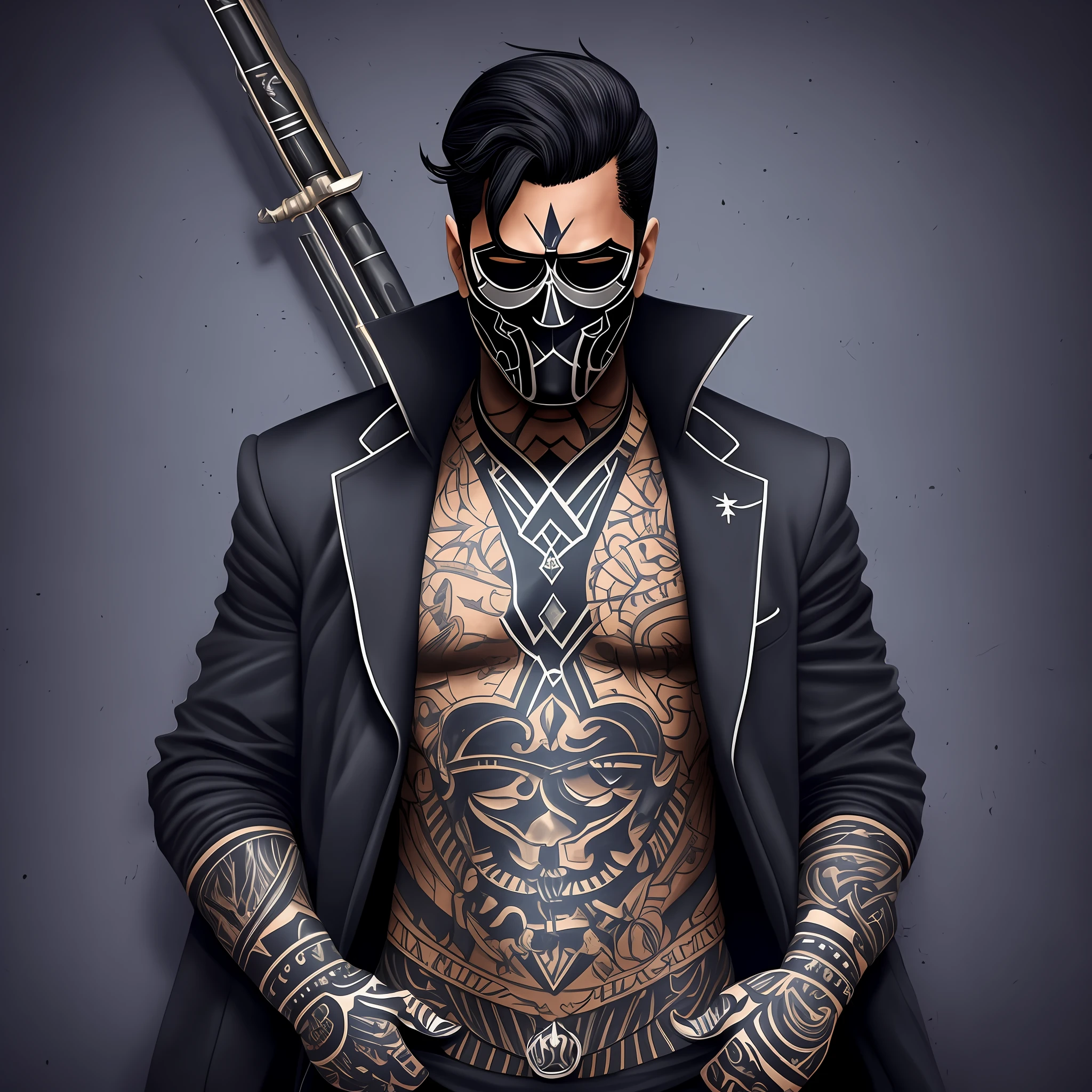 Dark-skinned man, black hair with black mask, a black jacket and a navy blue overcoat with tattoos, black pants and a harpoon spear in his hand