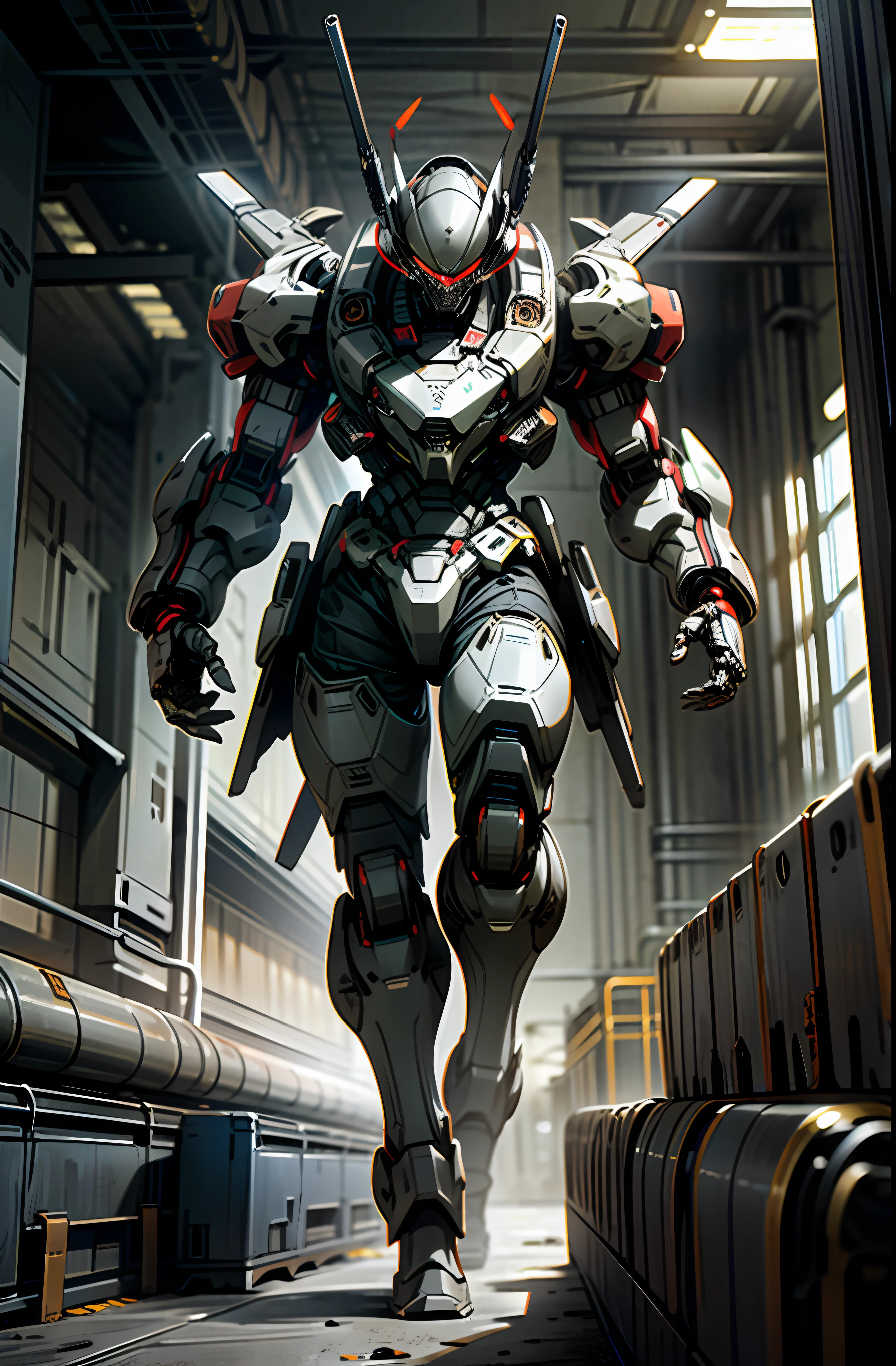 A menacing heavily armored robot shooting with a minigun arm walking down a hallway as bullets bounce off it, 8K, HDR, UHD