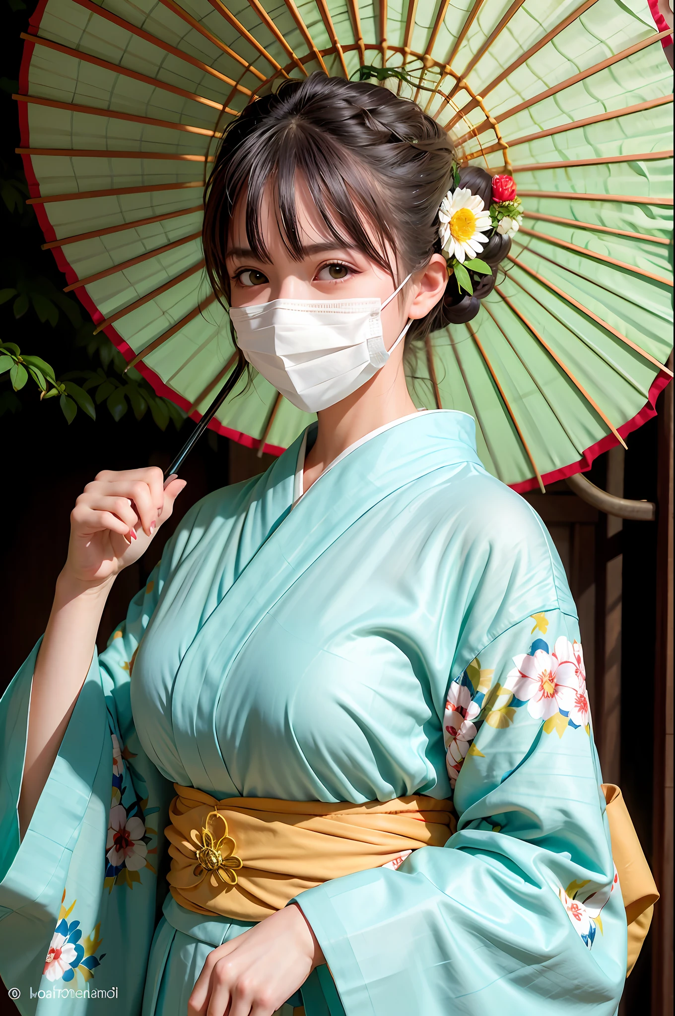 Women, (wearing green kimono_clothes: 1.3), with umbrella, holiday, good hands, (wearing mask: 1.5), 4K, high resolution, masterpiece, top quality, head: 1.3, (Hasselblad photo)), fine skin, sharp focus, (film lighting), night, soft lighting, dynamic angle, [:( detail face: 1.2): 0.2], big, outside,