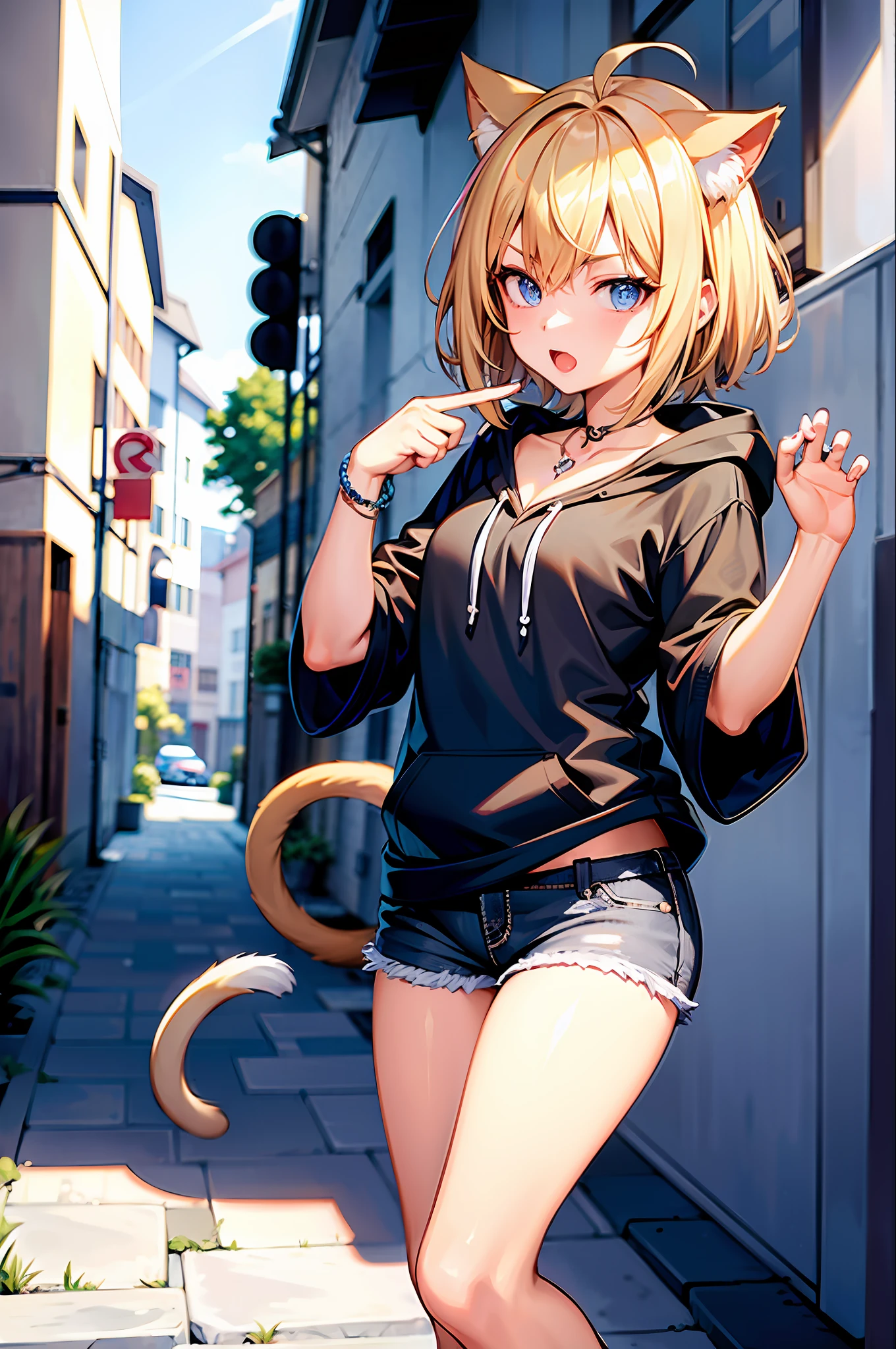 best quality, ultra high res, 1girl, cat girl, blonde hair, short hair, blue eyes, rattle necklace, gray hoodie, black jeans, cat tail, in a brow box, in an alley