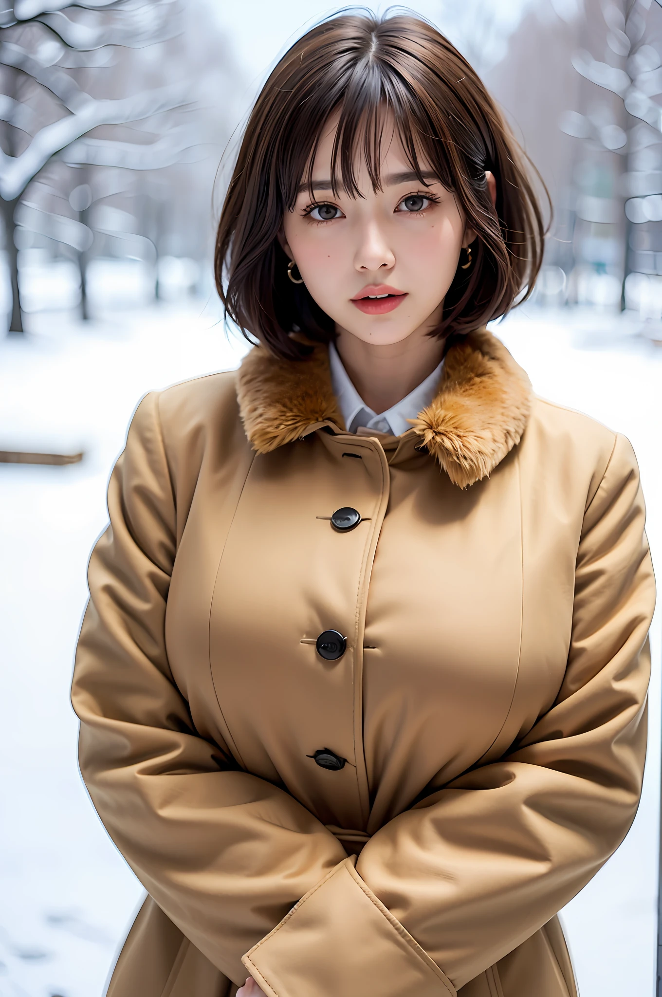 1 girl, bare_tree, brown_eyes, brown_hair, building, coat, cross_earrings, earrings, fur, fur trimmed_coat, fur_collar, fur_scarf, fur_trim, jewelry, lips, shorthair, looking_at_viewer, outdoors, snow, snow, solo, tree, upper_body, Winter, winter_clothes, detailed_eyes, Big breasts, chest close with arms, Chest facing camera, Big, Ears out, Golden ratio face, Golden ratio body, Best quality, Ultra high definition, Bangs, Thick bangs, Short hair, Short bob hair, Short hair, Short hair, Short beautiful hair