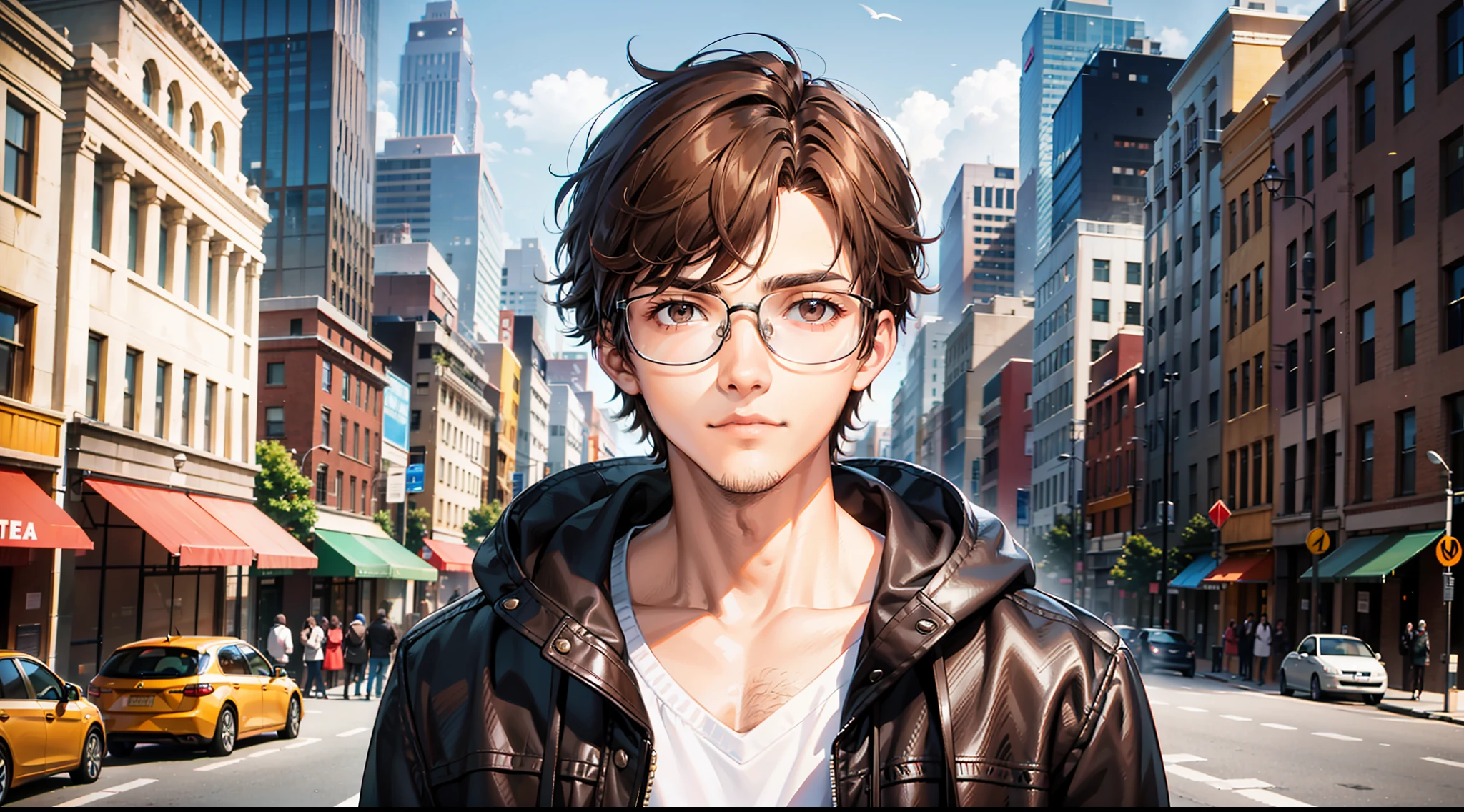 Original and unique authentic character,A young man with medium weight,with brown hair,short and wavy,he has brown eyes. He wears a jacket, sweaters with hood, is 18 years old and wears glasses.