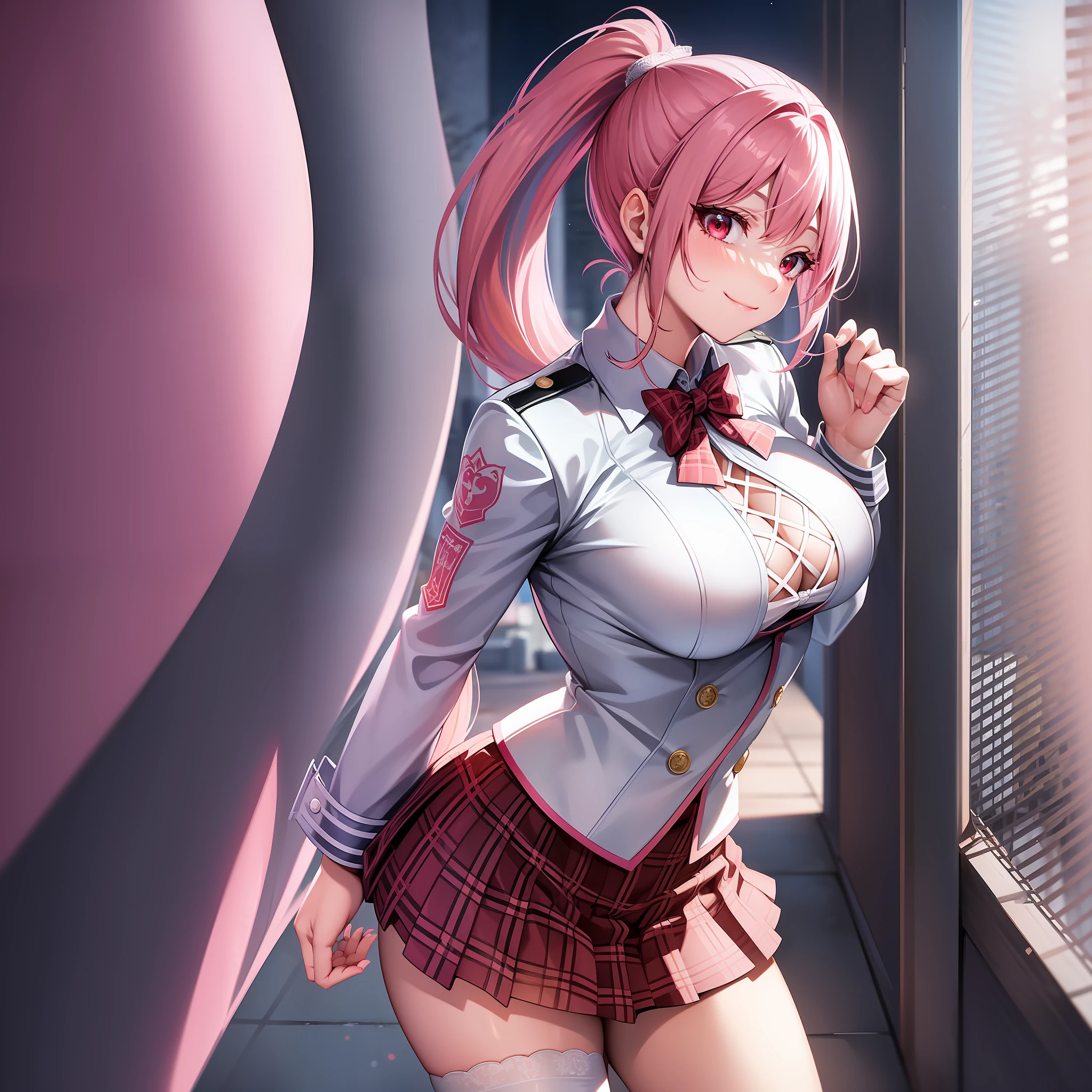 Solo, detailed face, long eyelashes, narrow eyes, (high ponytail: 1.3), (red eyes: 1.3), (pink hair and white mesh: 1.2), big cleavage, slim, tartan check, park, angle from the side, uniform, light blue and white lace underwear, smile, full body, walk