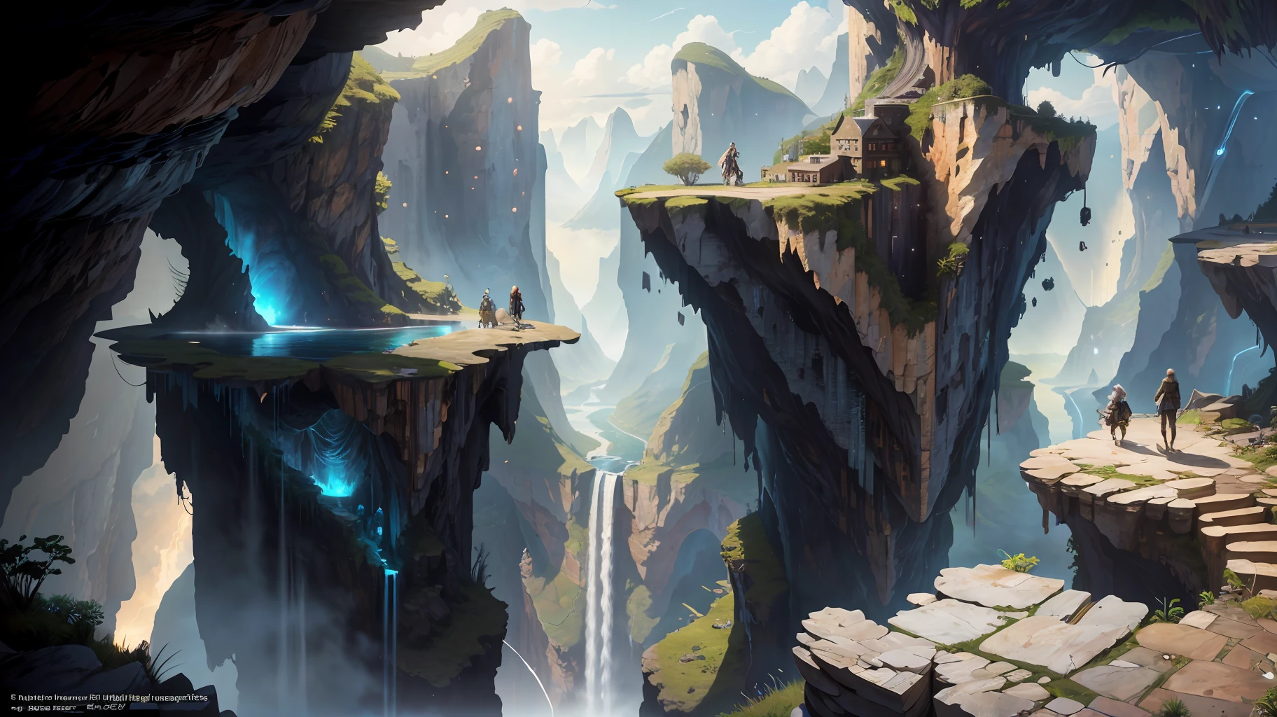 Relaxing concept art, very detailed multiplayer scenes, man, woman, beautiful artwork illustration, detailed scenery, highly detailed scenes, environmental design illustrations, nature, center epic architecture, warmth, night glow, pristine, HDR, (cliff, waterfall, abyss, rock, cliff edge house:1.3), movie, slate gray, dramatic light, architecture, man woman, post-impressionism, key visual, biophilic Tanzania bridge, twilight, hair light, heartstone artwork, Unreal Engine